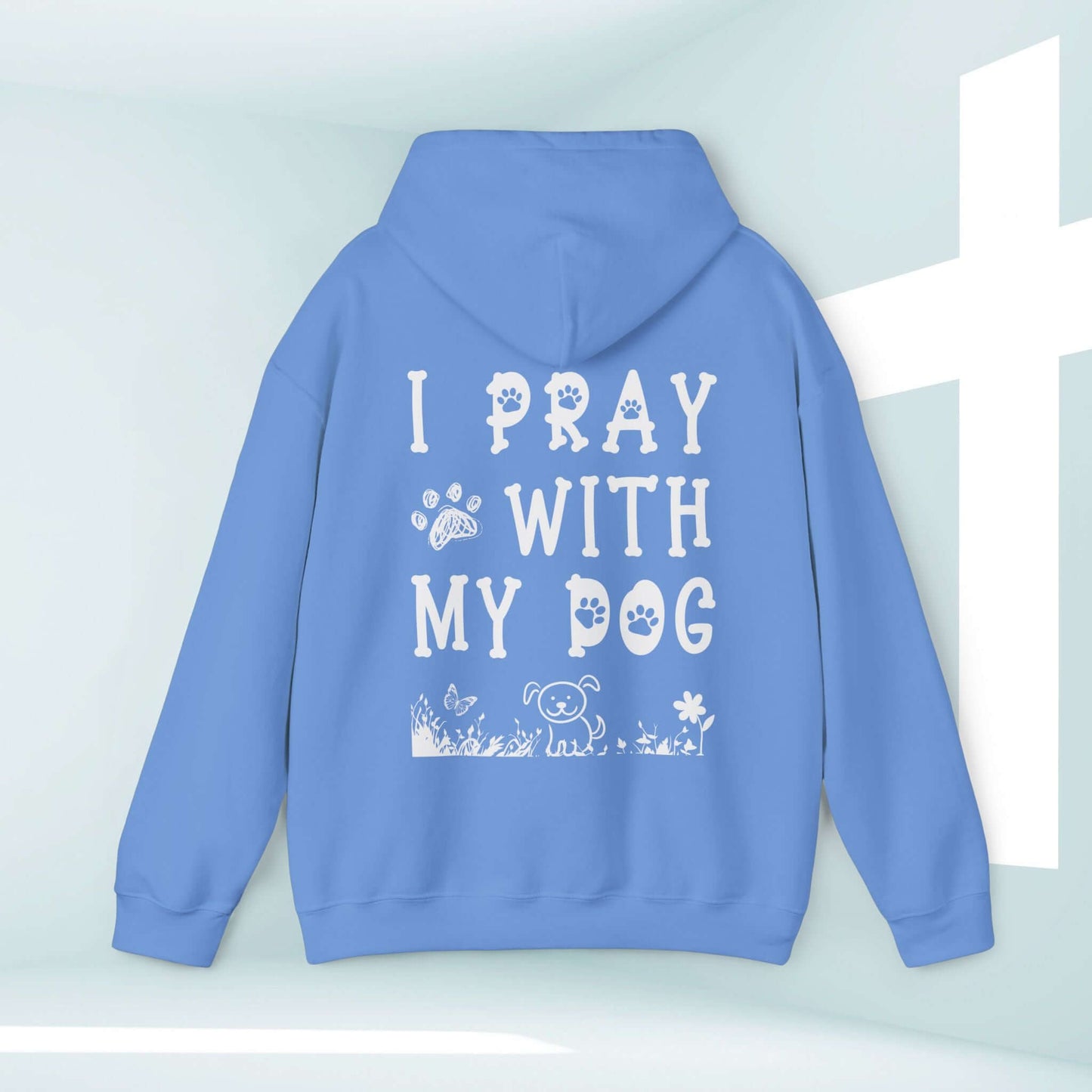 Christian dog mom hoodie with "I Pray With My Dog" graphic, perfect for dog lovers and animal lovers showcasing their faith and style