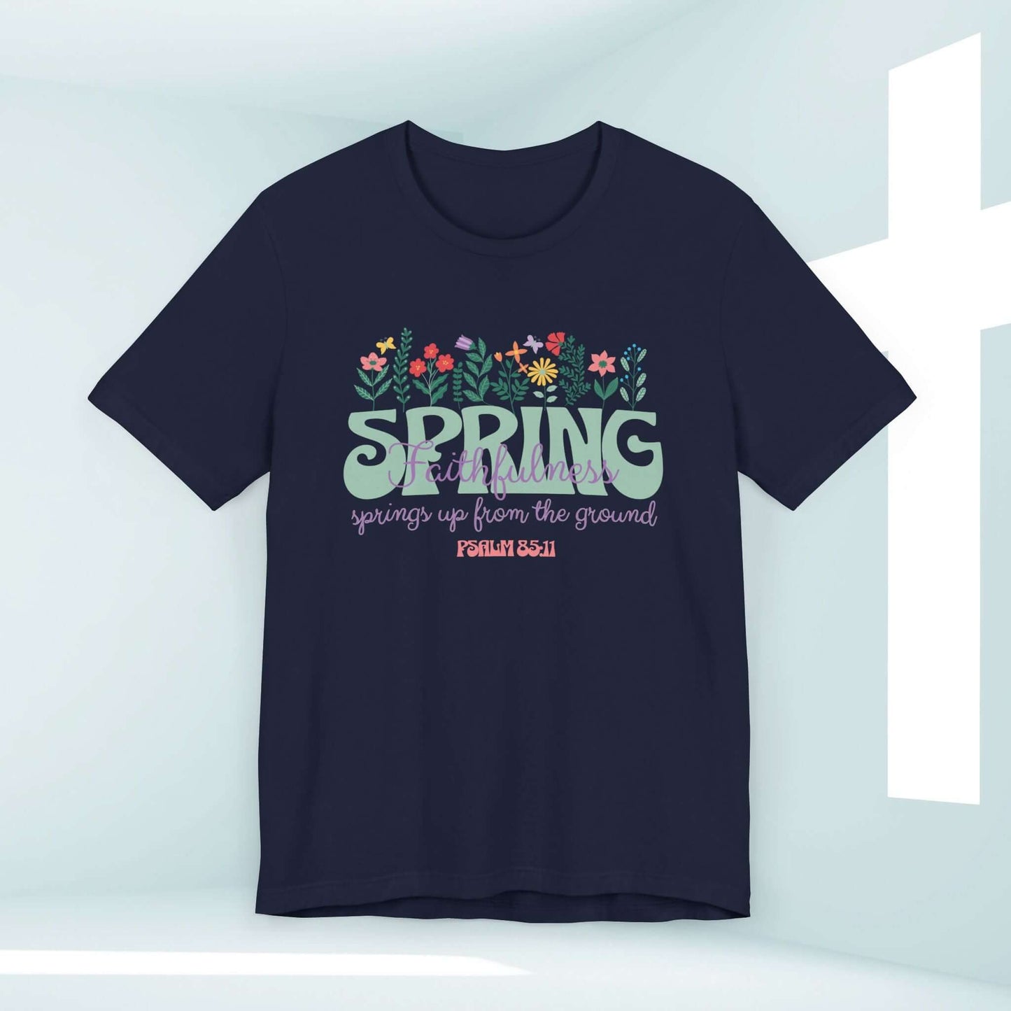 Floral Faith Christian T-Shirt with Bible Verse and Spring Flowers Design on Navy Blue Cotton Fabric