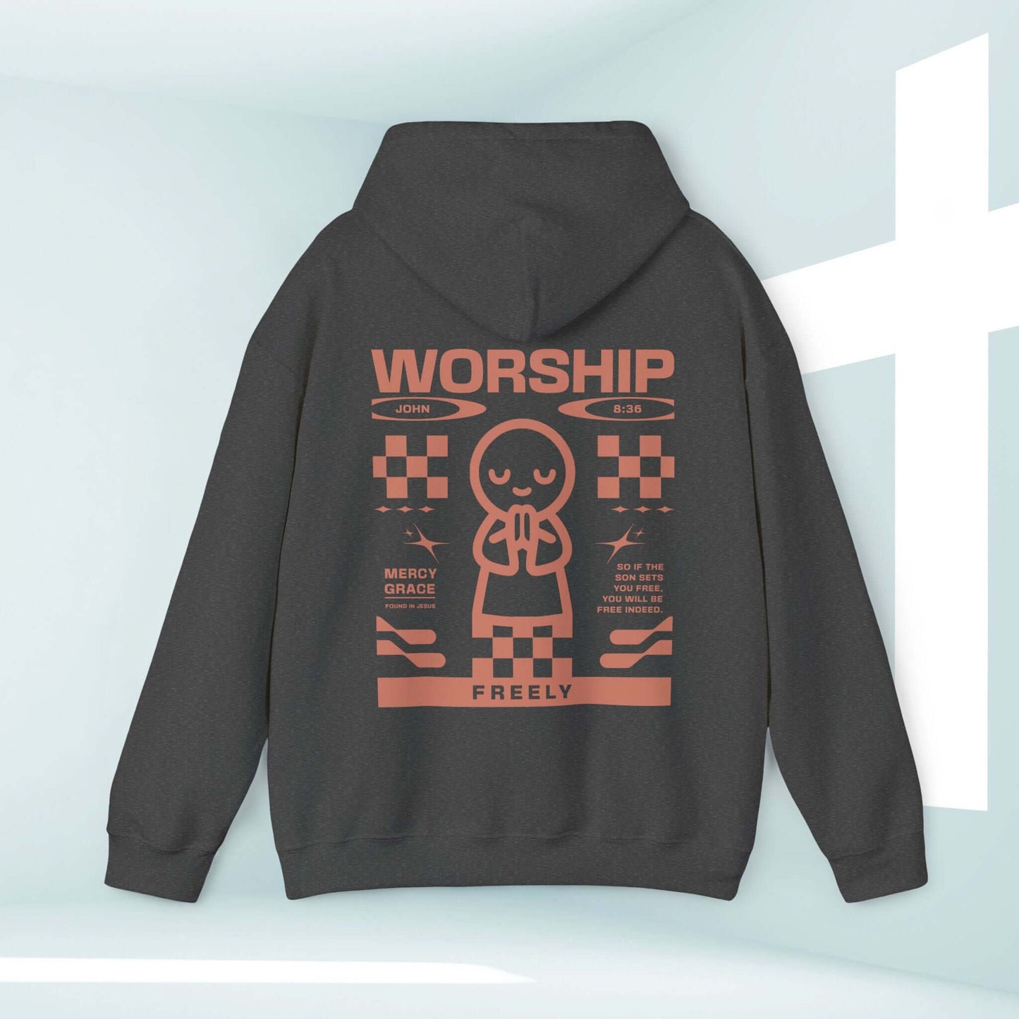 Worship Freely Christian hoodie with faith-based graphic design on back, ideal worship shirt, church shirt, prayer shirt, and Christian apparel.