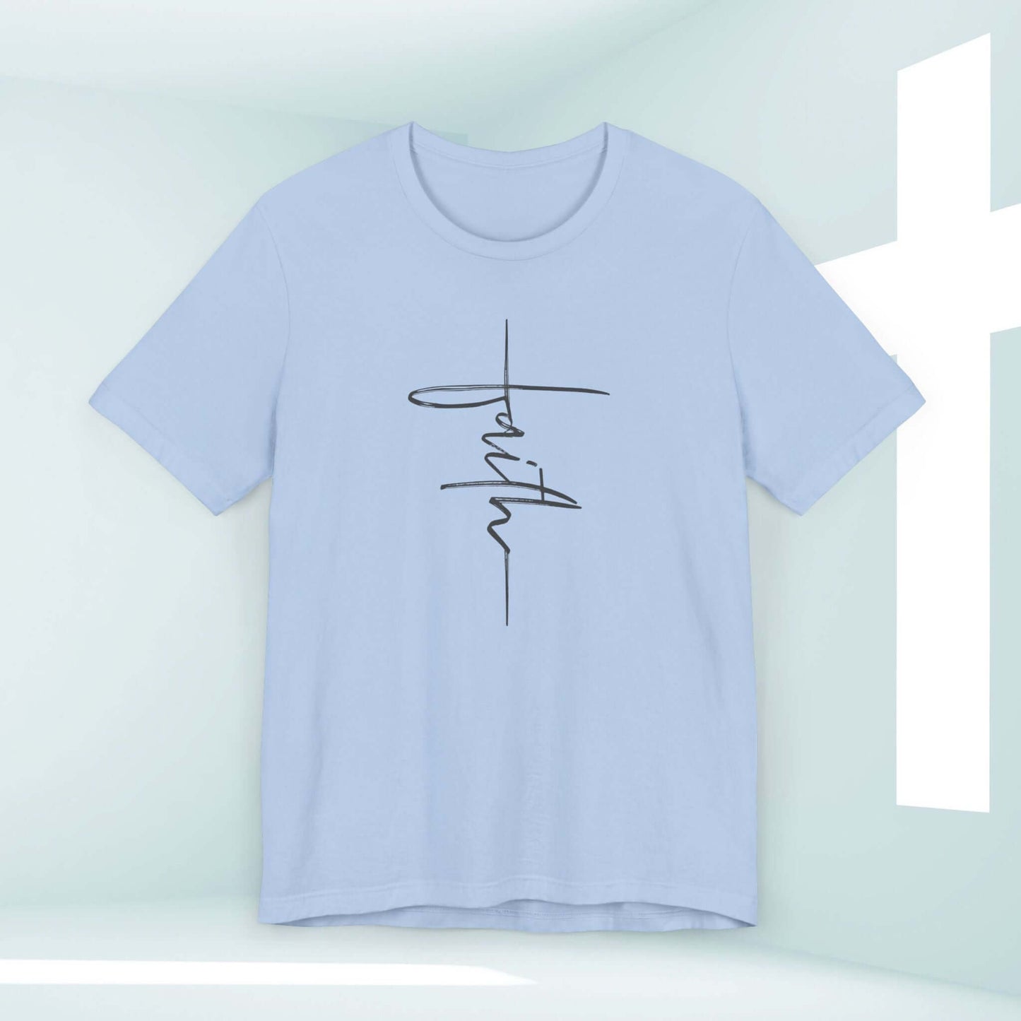 Light blue Faith Cross Women's Christian TShirt with Bible verse, perfect faith shirt for religious gifts and inspirational Christian clothing.