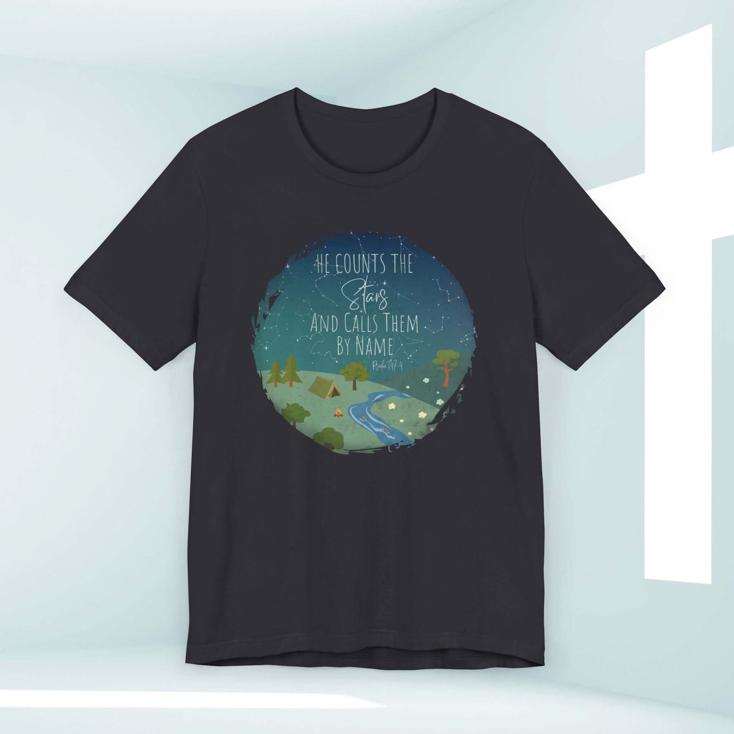 Women's He Counts The Stars And Calls Them By Name Christian T-Shirt, Camping Nature Faith-Based Shirt with Bible Verse Design.