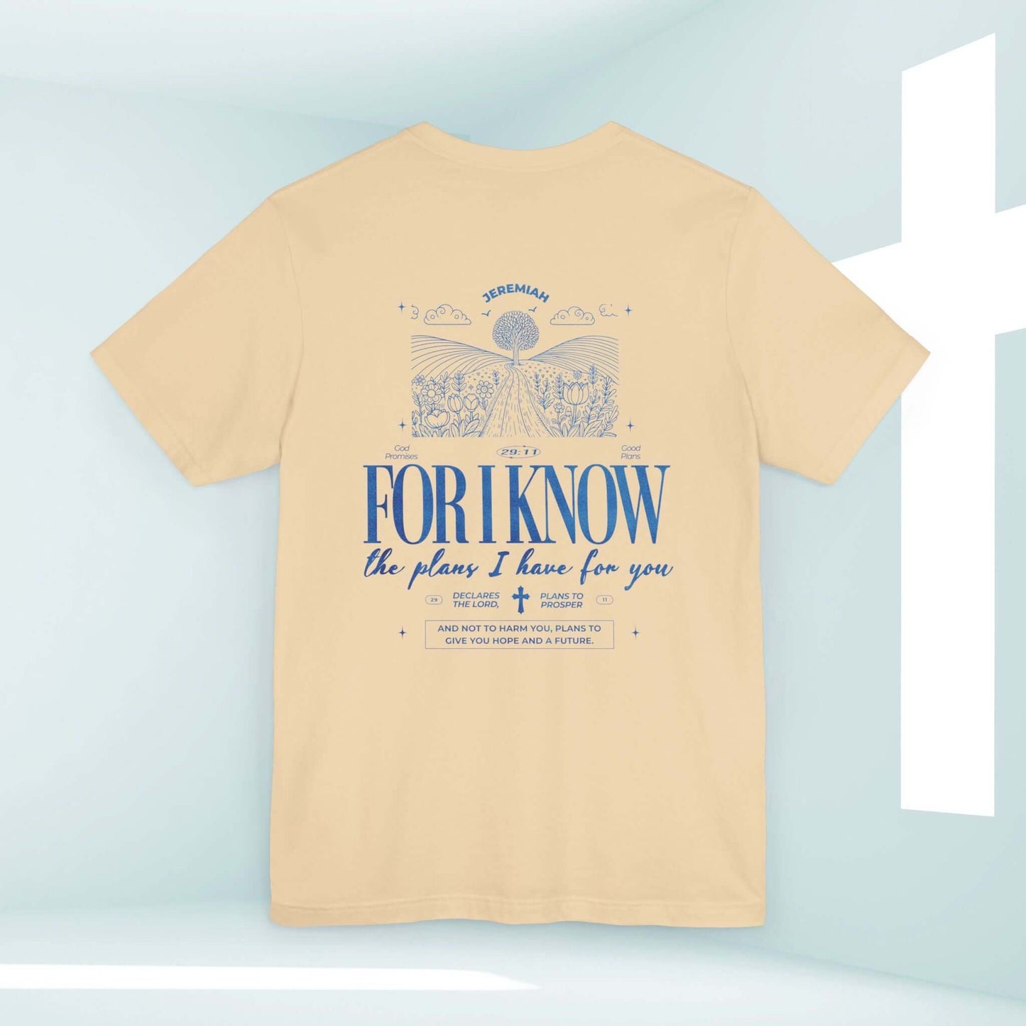 For I Know The Plans Christian T-Shirt with Nature Camping Design, Soft Yellow Color, Bible Verse Jeremiah 29:11, Inspirational Religious Apparel