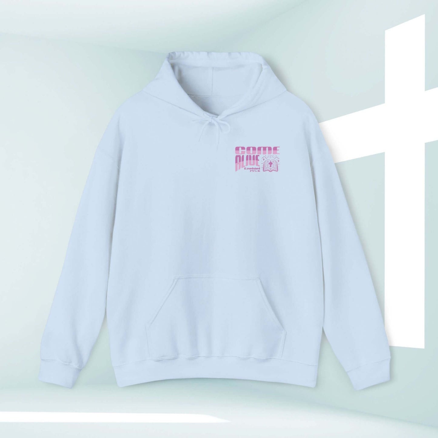 Christian hoodie apparel with Come Alive streetwear design, inspirational bible verse, faith-based pullover sweatshirt in white.