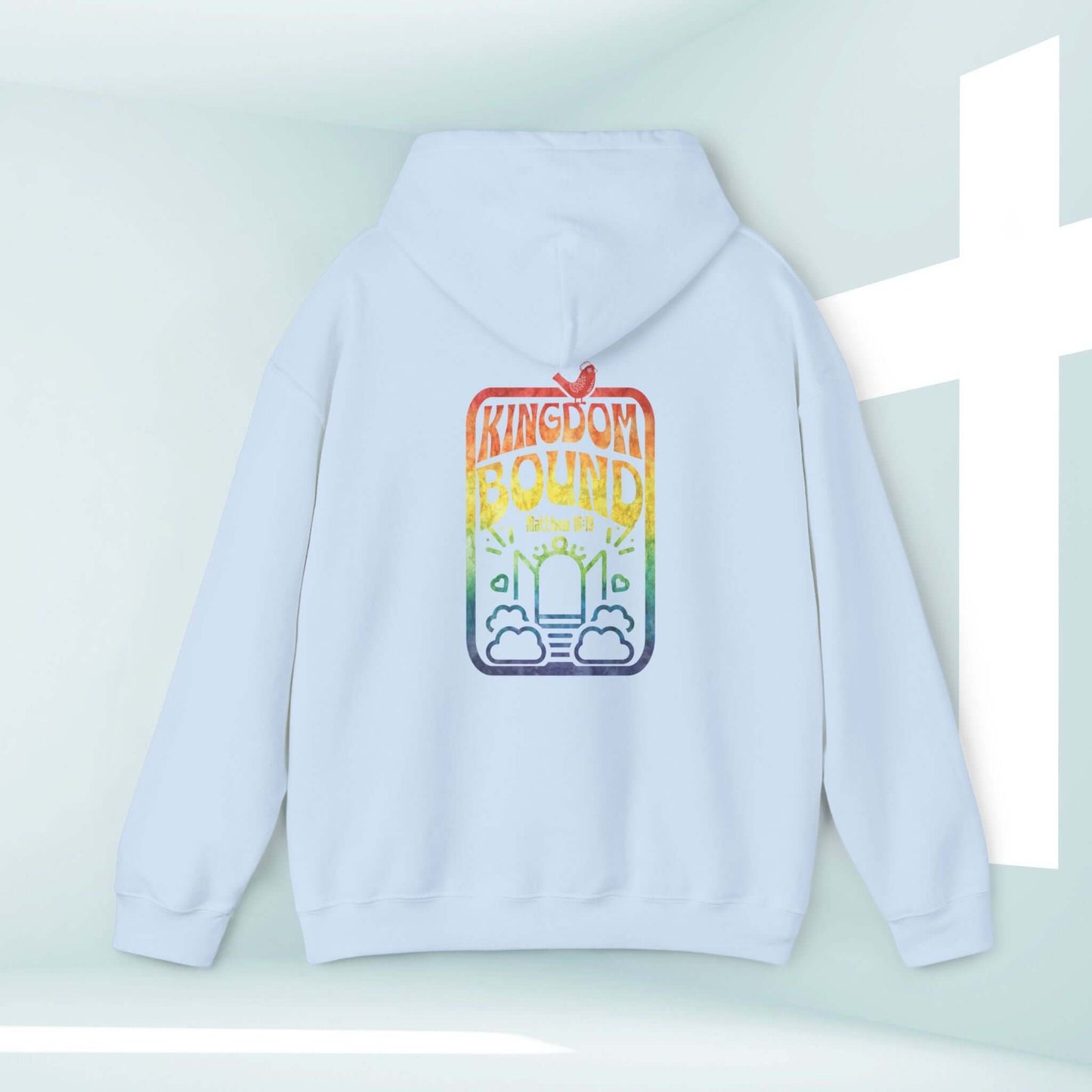 Kingdom Bound Bible Verse Christian Hoodie with Rainbow Design - Faith-Based Boho Pullover for Christian Concerts and Inspirational Events