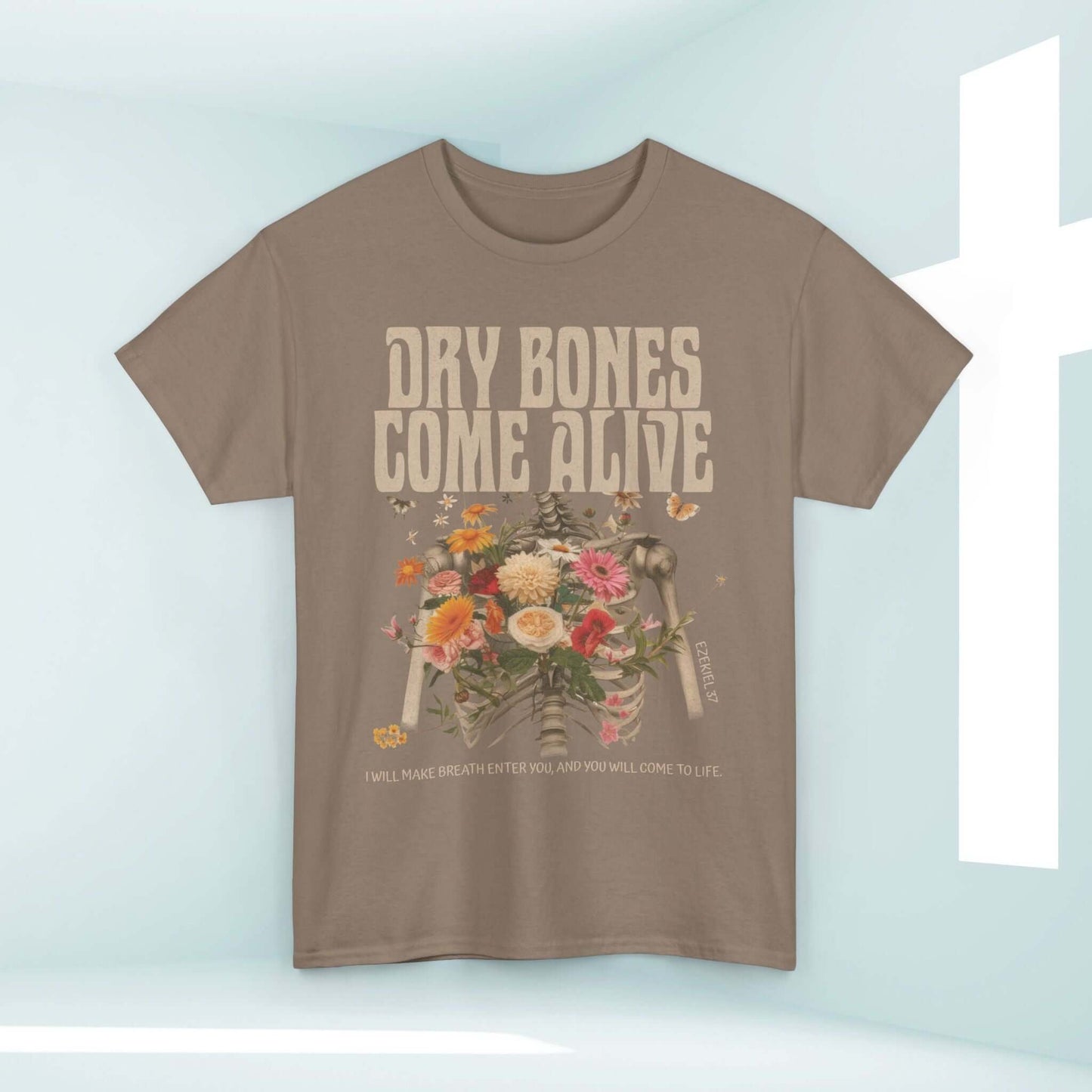 Christian Halloween shirt with "Dry Bones Come Alive" design, featuring Ezekiel 37 Bible verse and floral skeleton art. Perfect Halloween tee.