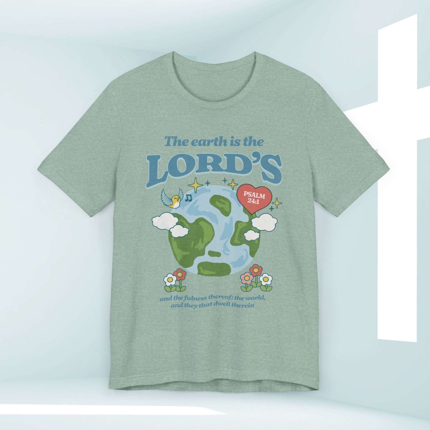 Earth Day Christian t-shirt with "The Earth Is The Lord's" bible verse graphic, nature-inspired design for faith-based and camping activities.