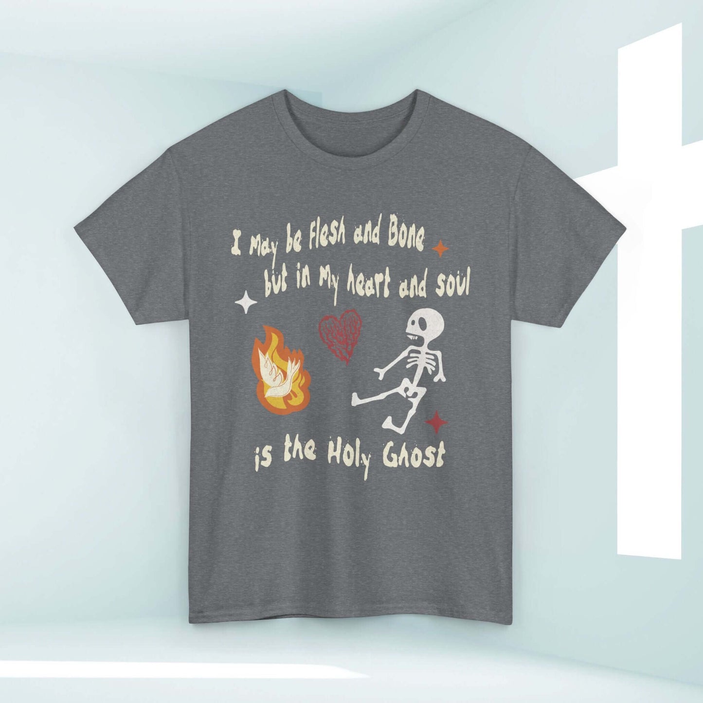 Christian Halloween T-shirt with dancing skeleton and "In My Heart and Soul is the Holy Ghost" text, faith-themed apparel.