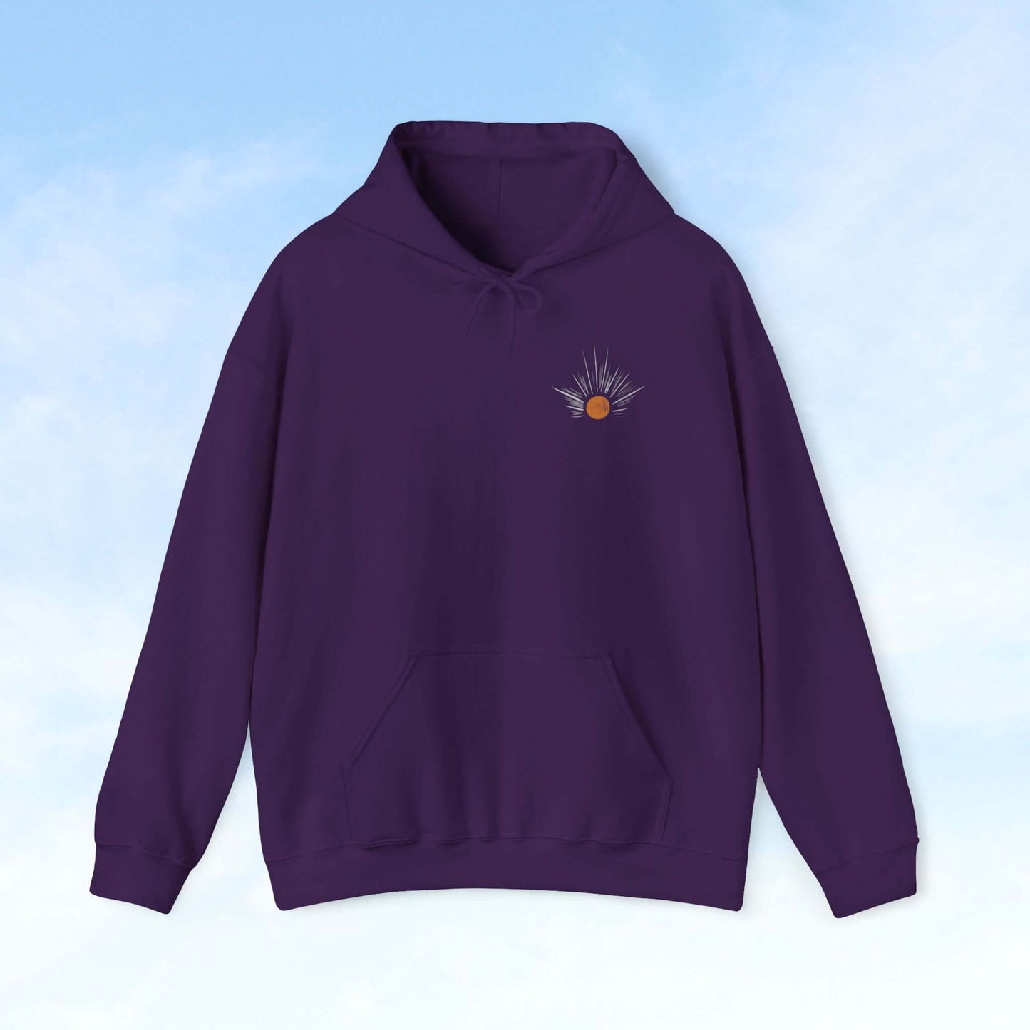 "Be The Light Sunburst Christian hoodie with sun ray design, perfect faith-based gift for women, featuring celestial sun graphic on front"