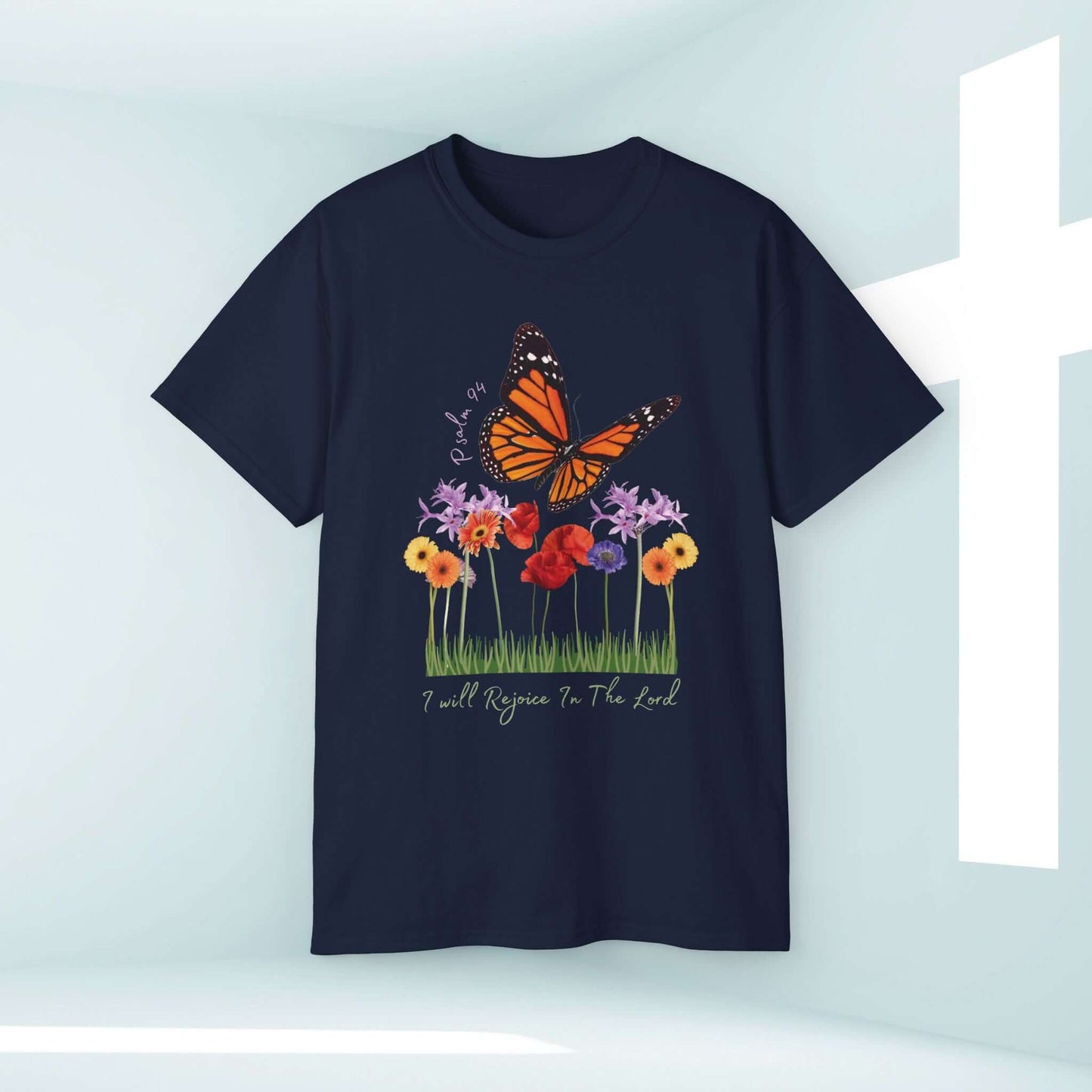 I Will Rejoice In The Lord Christian T-Shirt with Butterfly and Floral Design, Faith-Based Inspirational Shirt