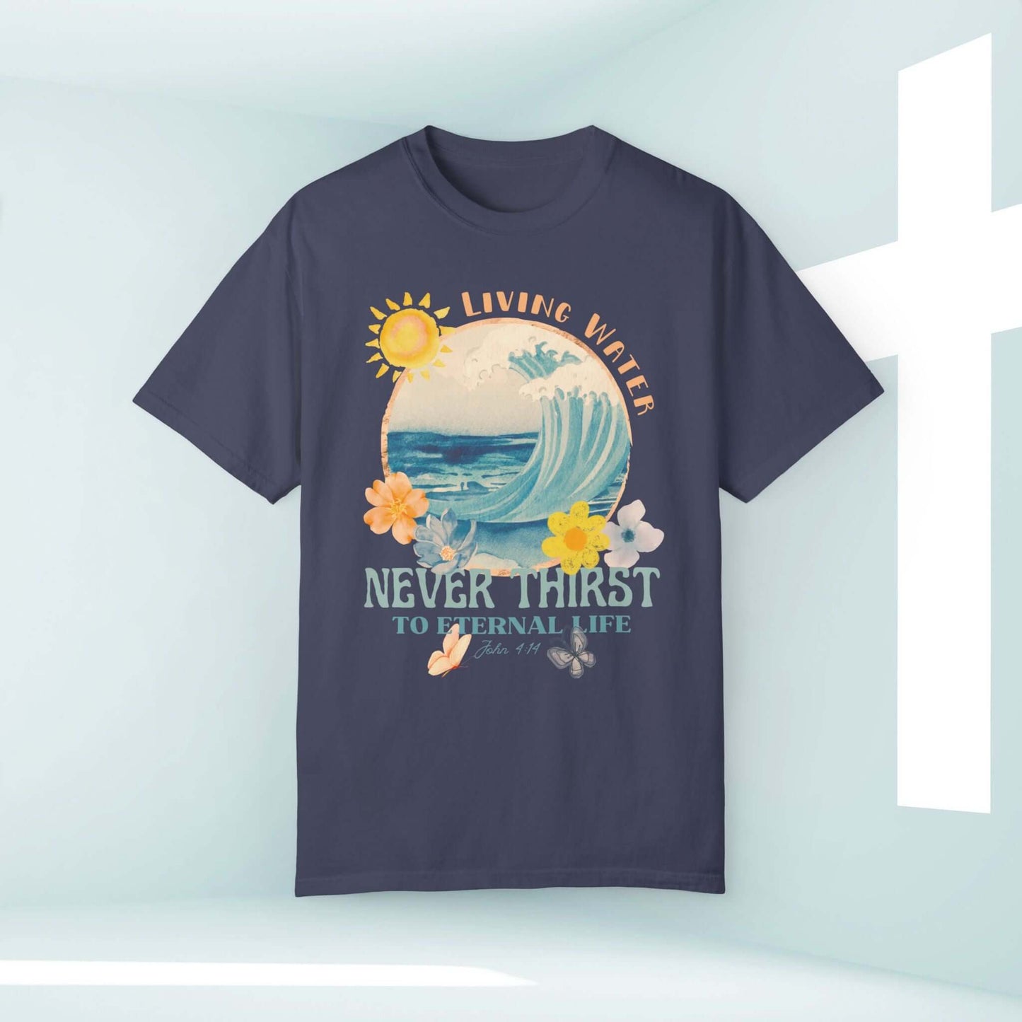 Christian beach shirt with bible verse design, Living Water T-shirt featuring ocean wave, flowers, sun, and inspirational text