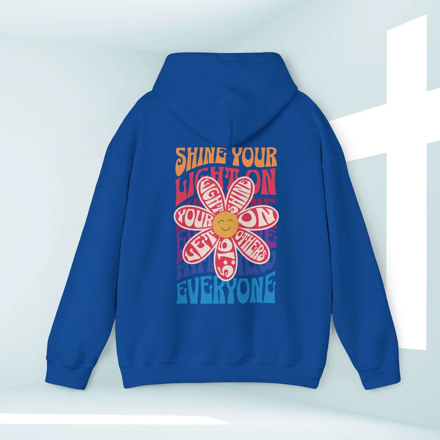 Shine Your Light Christian boho hoodie with flower design, inspirational and faith-based religious pullover sweatshirt.