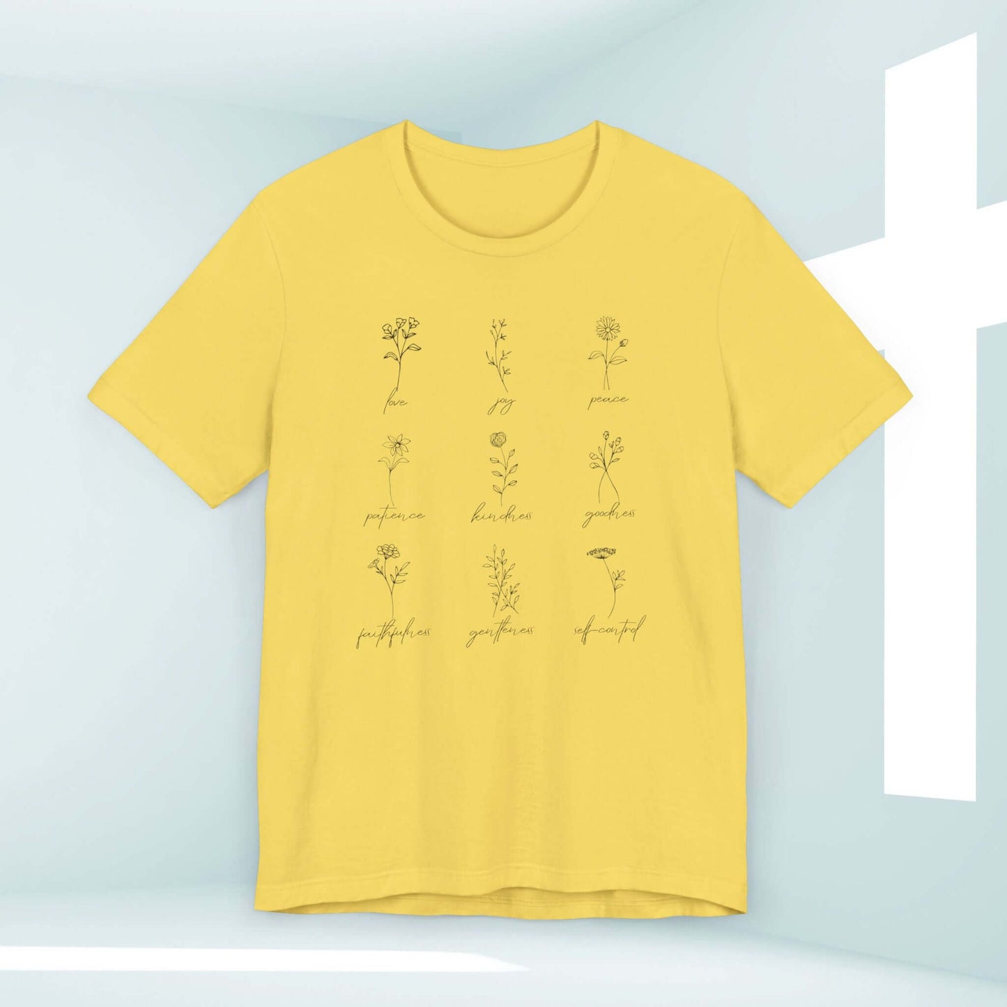 Yellow Fruits of the Spirit Christian Tee with Bible Verse Design for Women in Soft Cotton Fabric