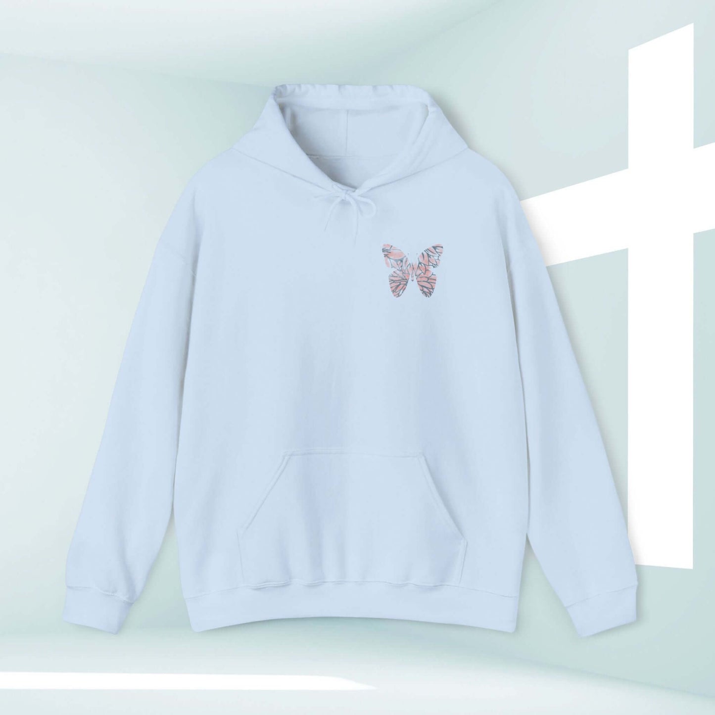 Butterfly Christian Hoodie with Bible verse, In Christ Is A New Creation design, faith-based pullover sweatshirt for sharing inspiration.