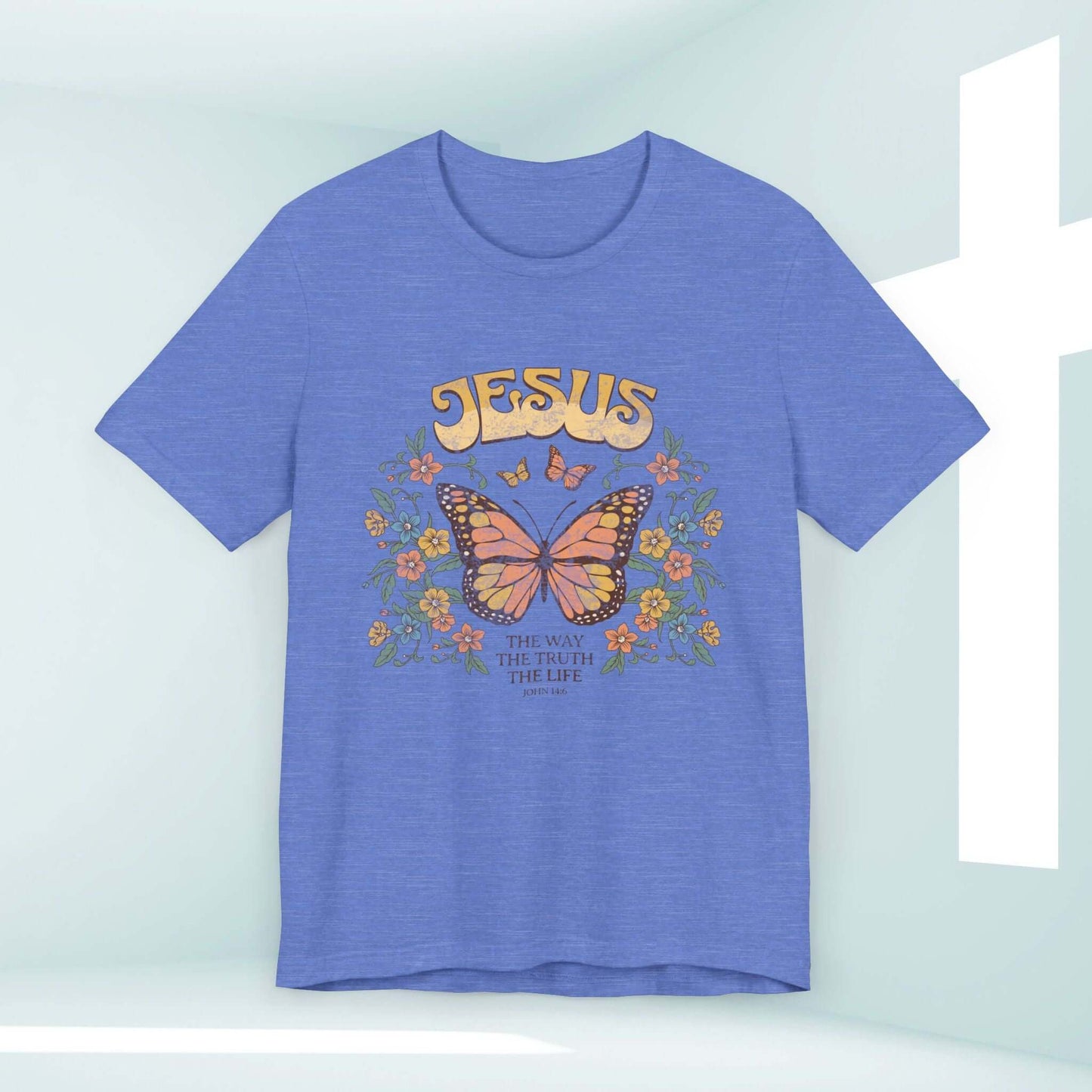 Jesus The Way The Truth The Life Butterfly Christian T-Shirt Inspirational Tee in blue with floral design.