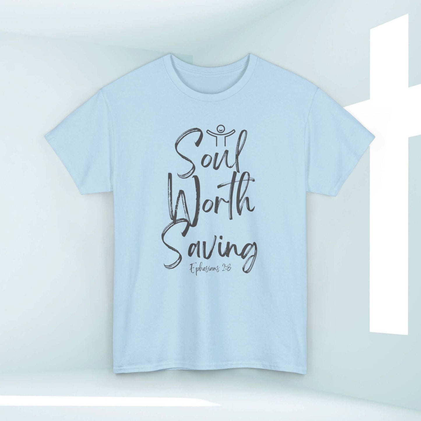 Soul Worth Saving women's Christian t-shirt with Bible verse Ephesians 3:8, light blue religious tee, inspirational Jesus apparel.