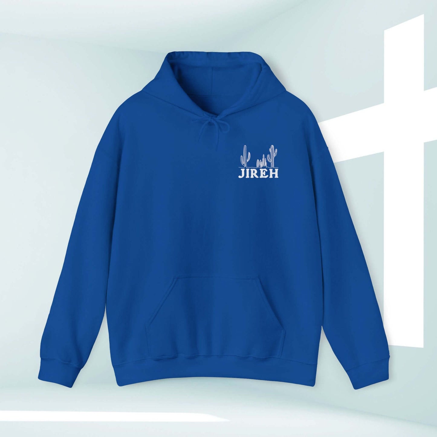 Blue Jireh Christian boho hoodie with cactus design, pullover hooded sweatshirt, inspirational faith-based religious apparel