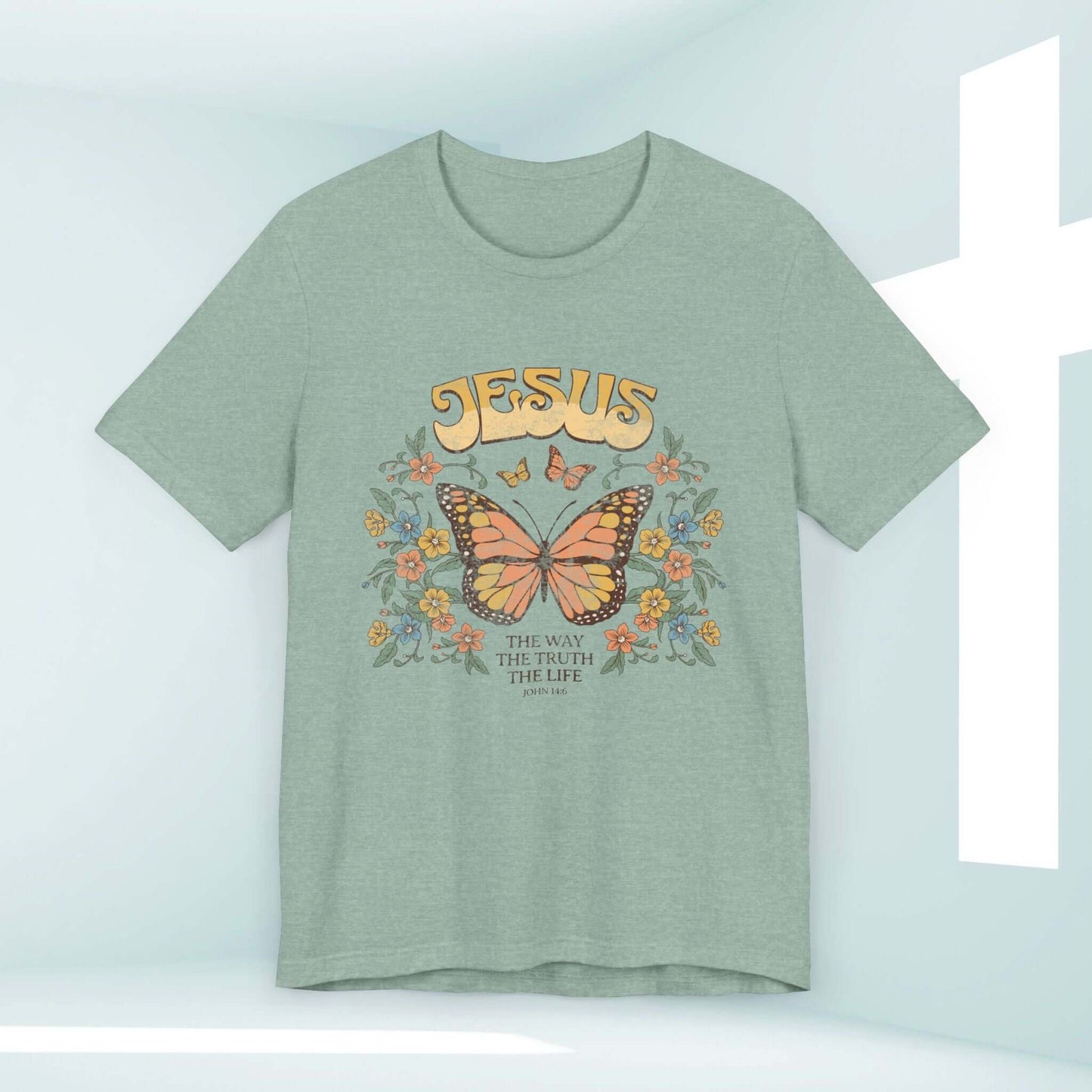 Inspirational Jesus The Way The Truth The Life butterfly Christian t-shirt with floral design, ideal faith-based and Christian apparel