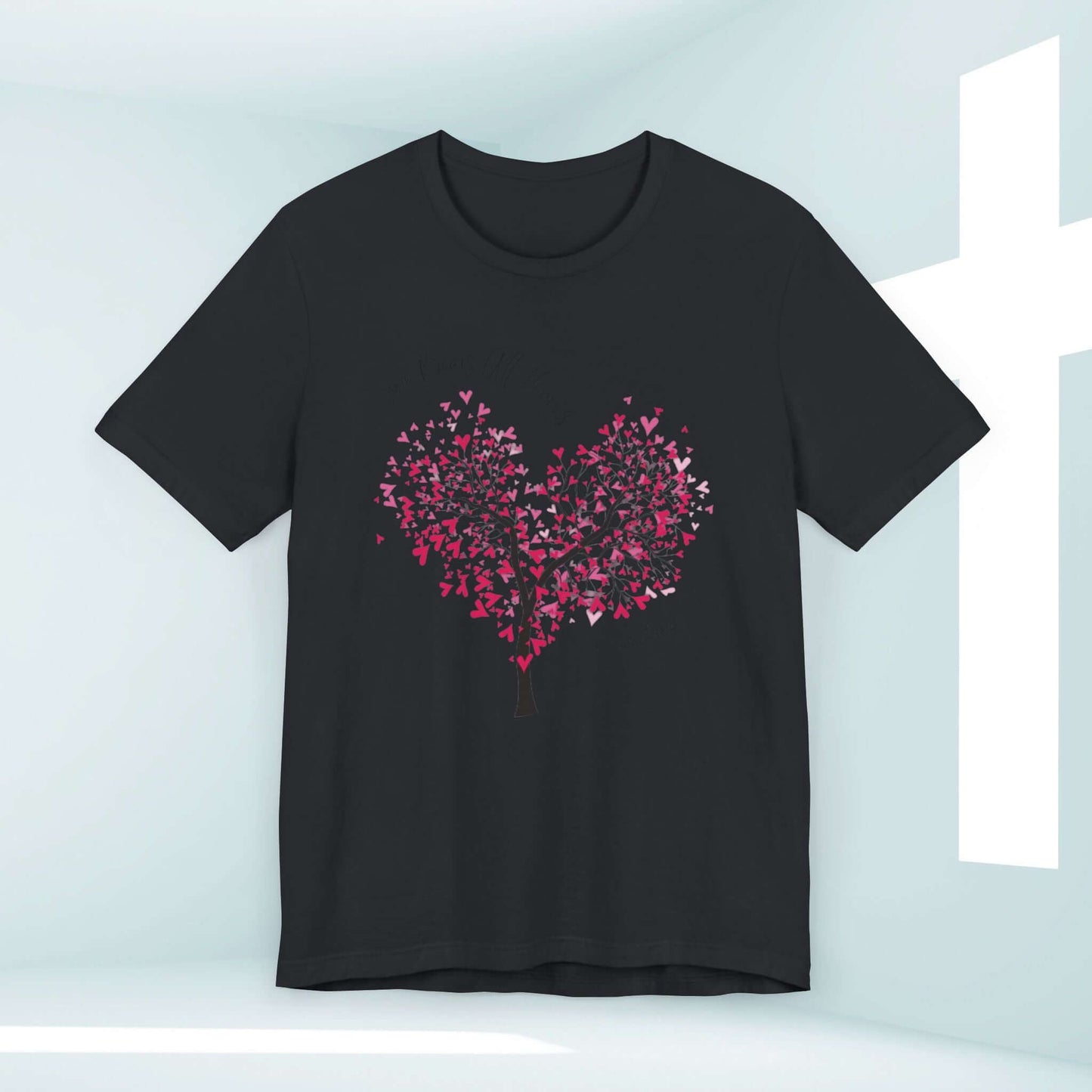 Christian Love t-Shirt Wedding Shirt Valentines Love Bears All Things Tee with heart-shaped pink flowers design in a cotton fabric.