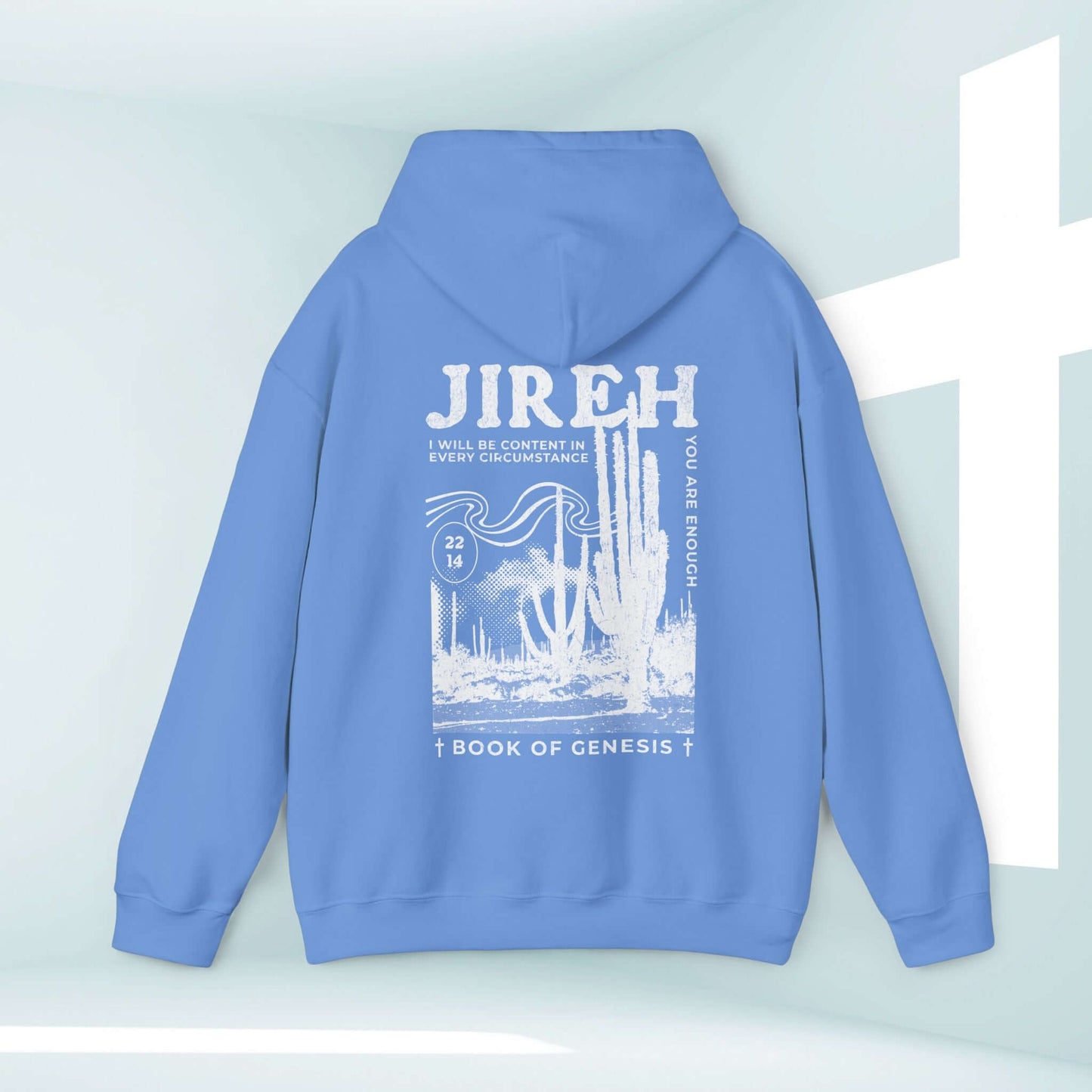 Jireh boho Christian hoodie in blue with Bible verse and cactus design, perfect for faith-based inspiration and Christian apparel