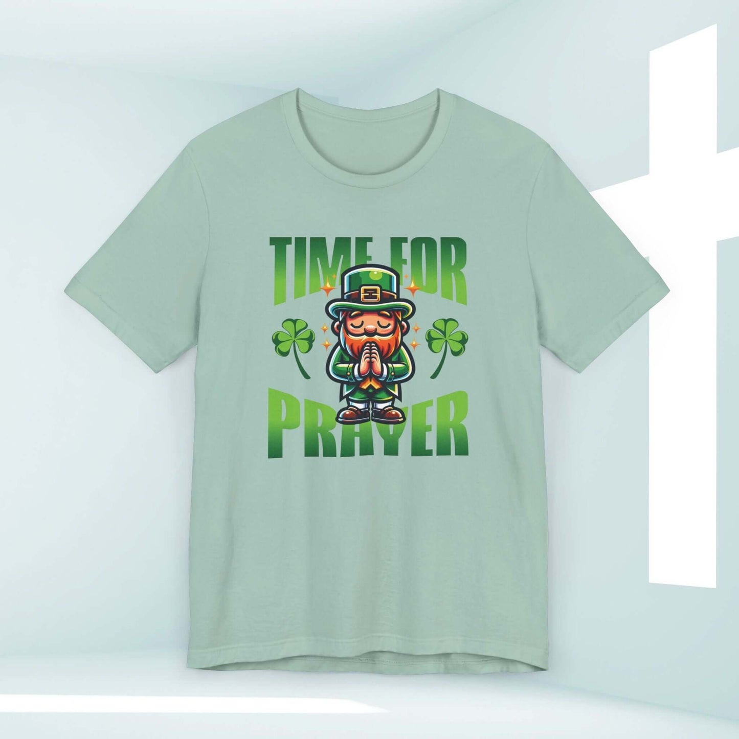 St Patrick's Day Christian shirt with praying leprechaun and shamrocks, Time for Prayer tee, faith-based St Paddys apparel