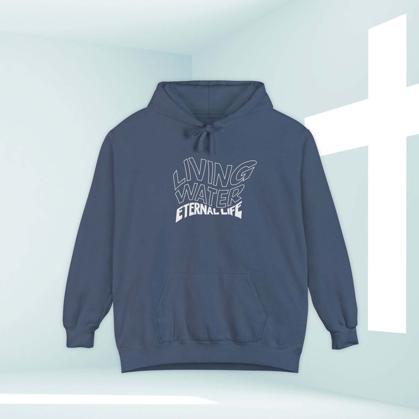 Living Water Eternal Life Christian hoodie with Bible verse, faith-based hooded sweatshirt for believers in front of white cross background