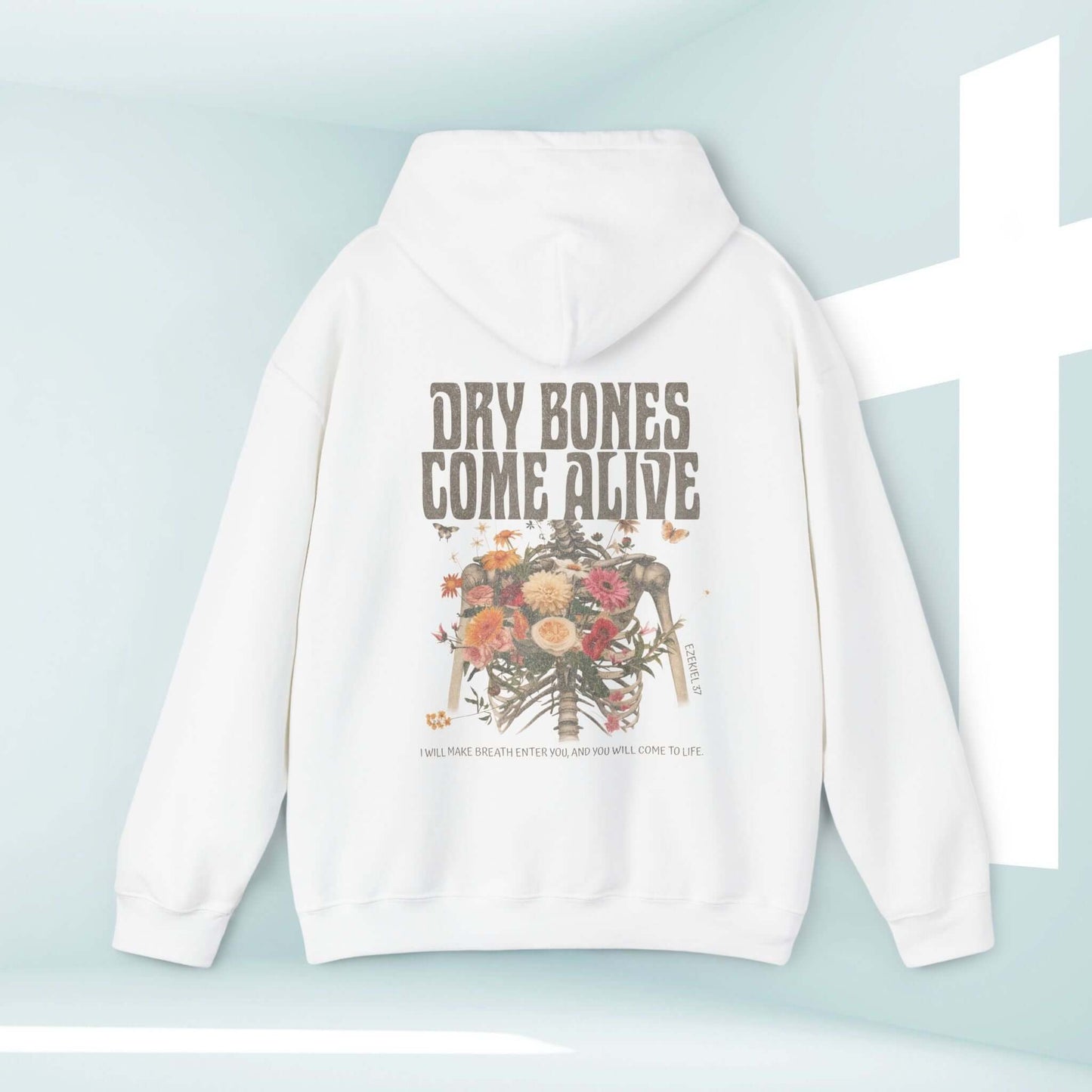 Christian Halloween hoodie with "Dry Bones Come Alive" design, featuring a floral skeleton motif. Perfect for faith-inspired Halloween wear.