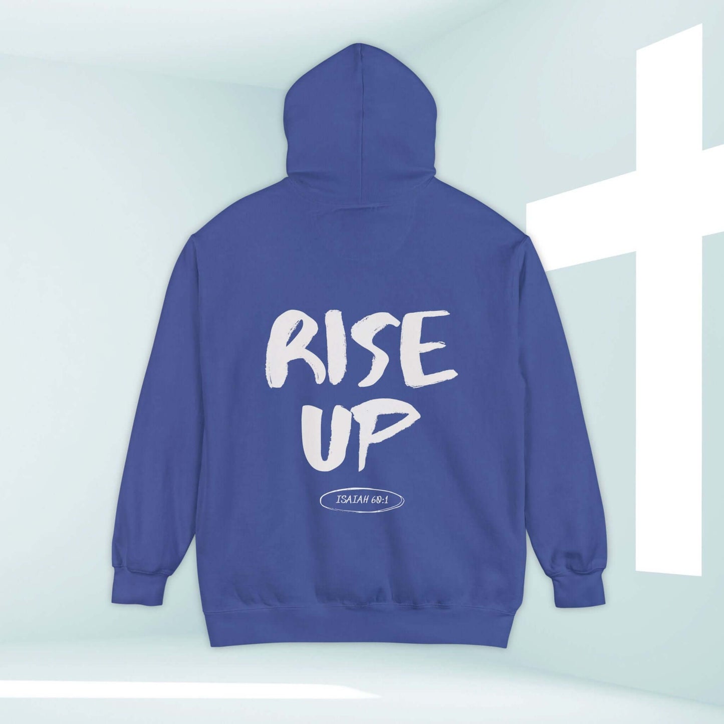 Rise Up Christian Hoodie with Isaiah 60:1 Bible Verse, Blue Inspirational Faith-Based Sweatshirt for Church and Religious Clothing