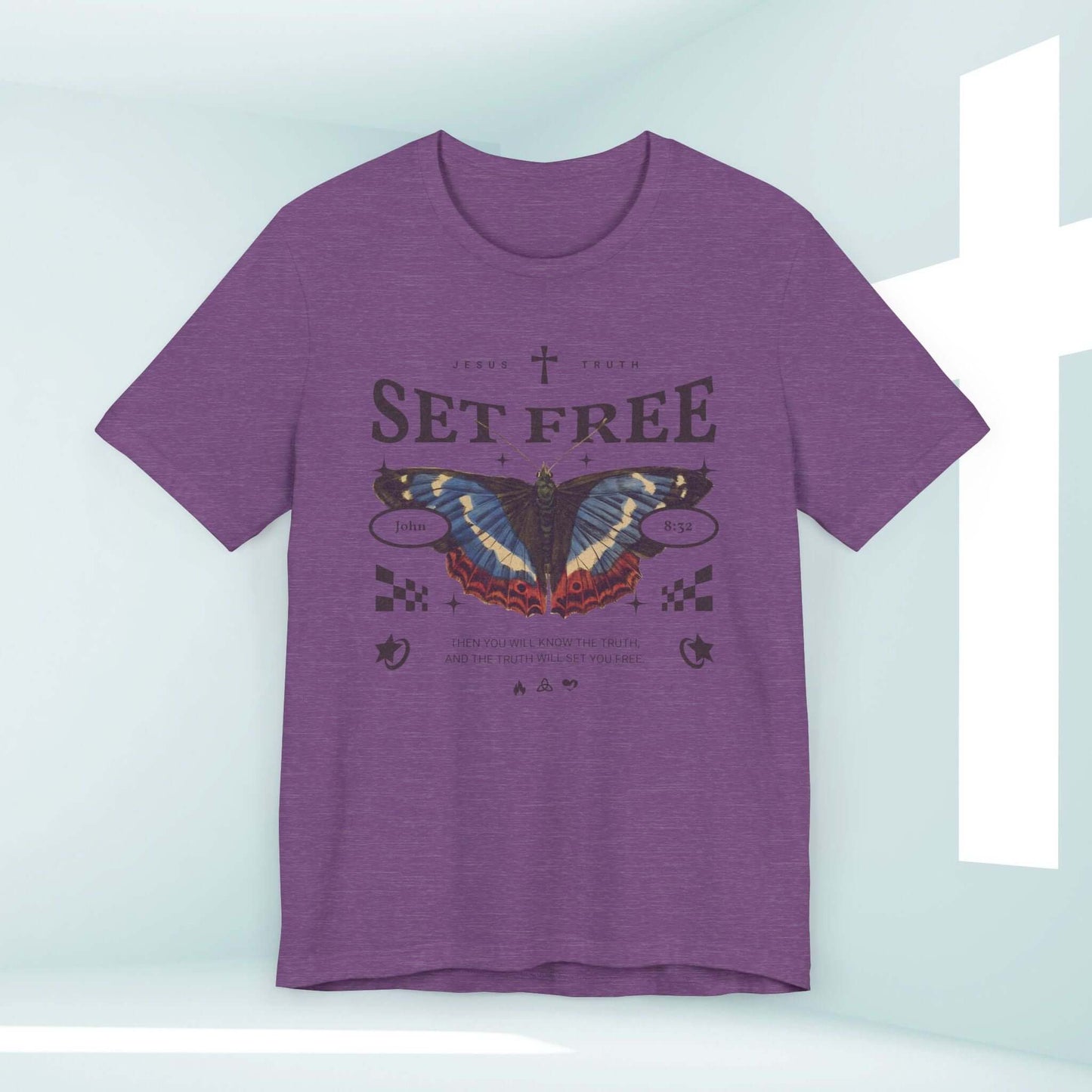 Purple Butterfly Set Free Christian T-shirt with Bible verse design, perfect for Christian streetwear and spring religious apparel.