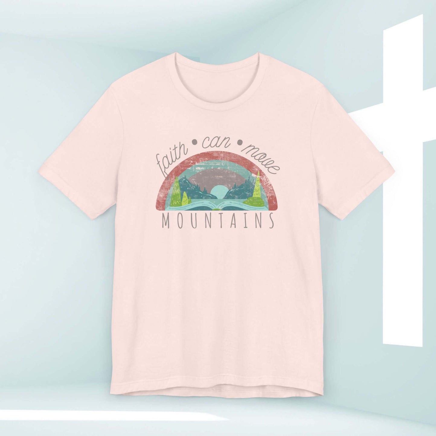 Faith Can Move Mountains Women's Christian Rainbow T-Shirt with inspiring religious message, perfect for expressing Christian values and spreading love.