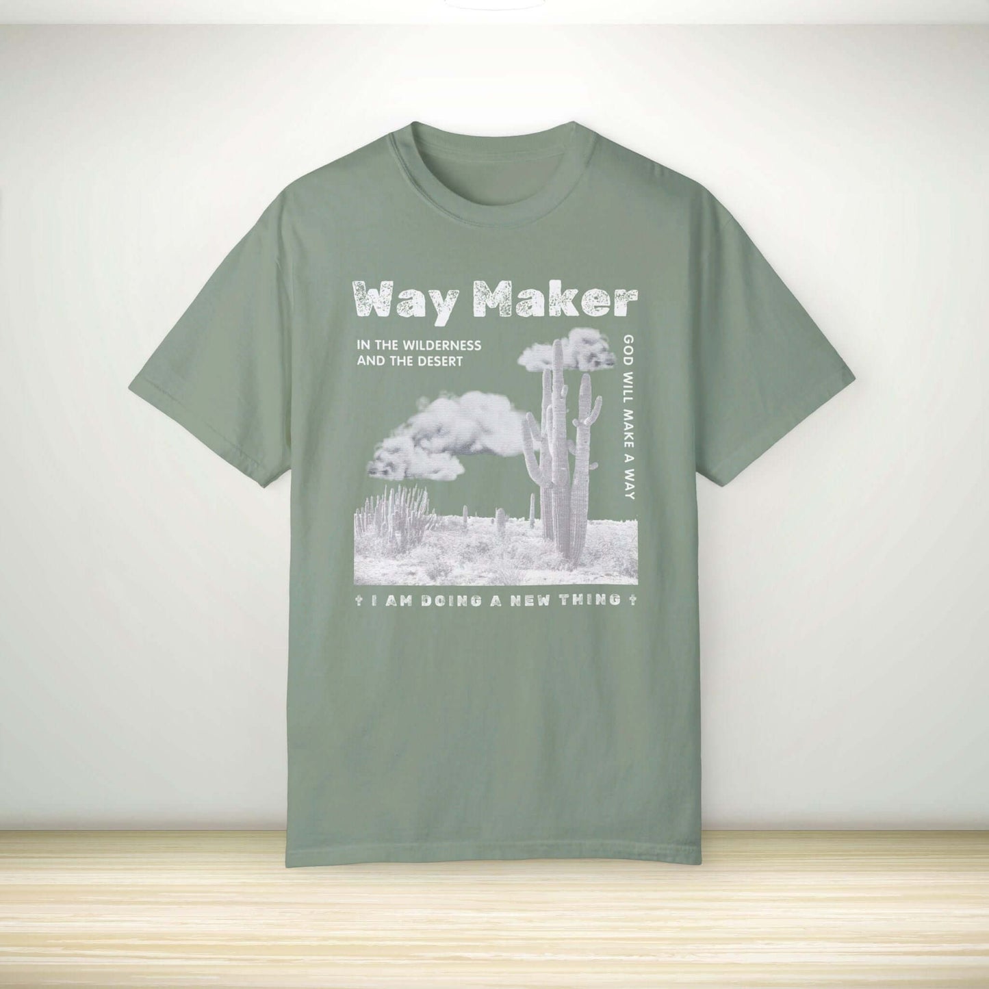 Boho Way Maker Christian T-shirt with Bible verse, faith-based graphic tee in sage green for inspirational worship and religious occasions.