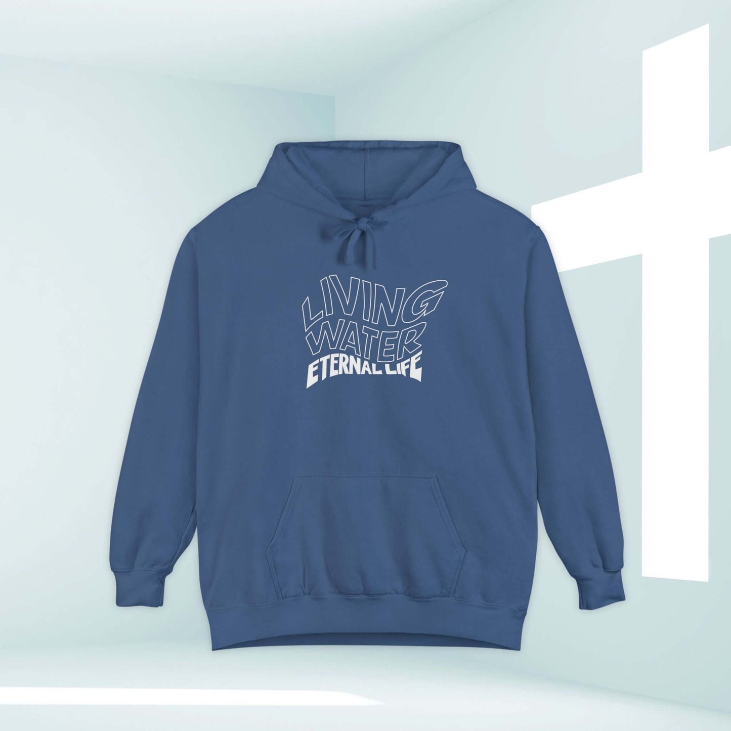 Living Water Eternal Life Christian hoodie with Bible verse design in blue, inspiring faith and unity, set against a backdrop with a cross.