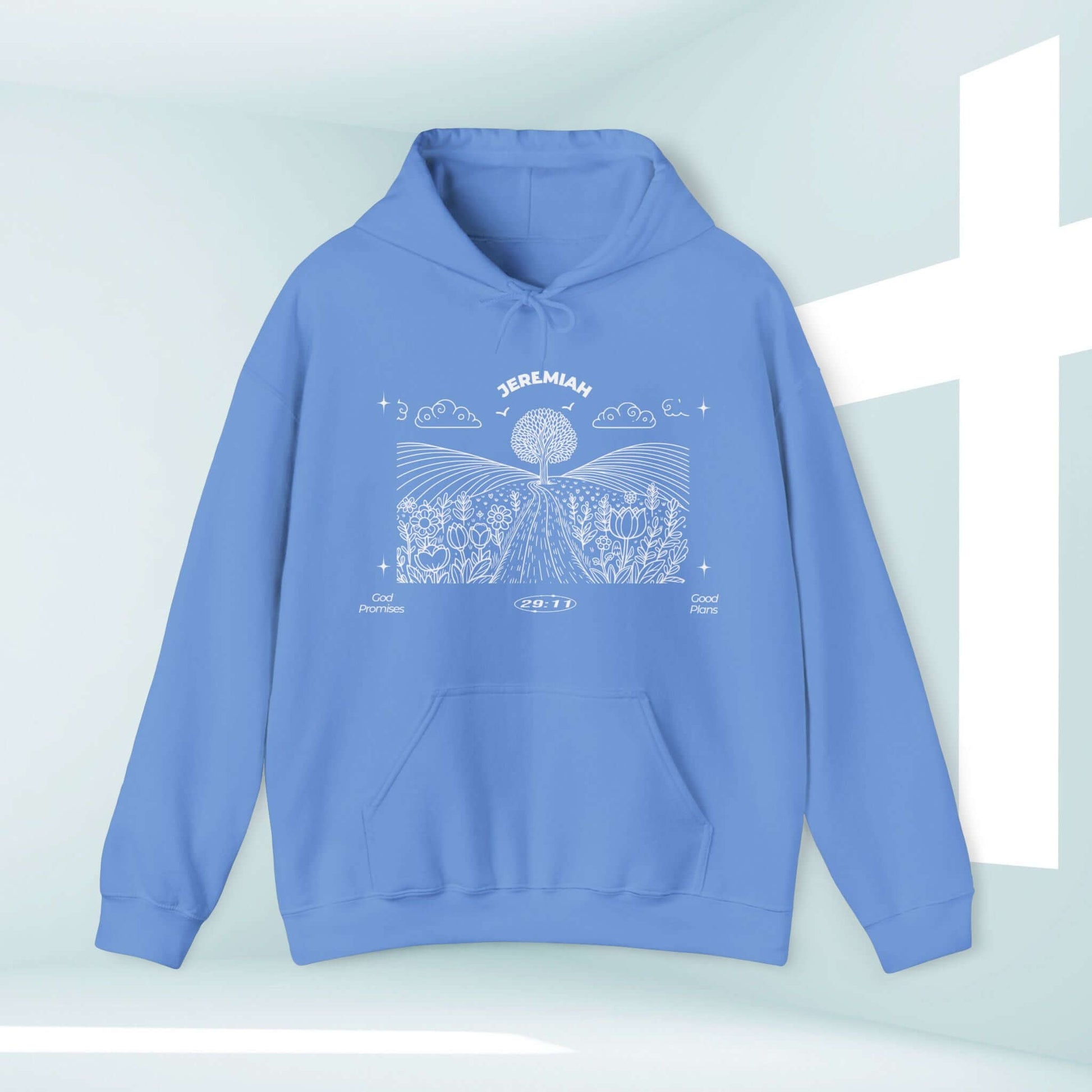 Blue Christian hoodie with "For I Know The Plans" Bible verse design, perfect faith-based apparel for Mother's Day or as a birthday gift.