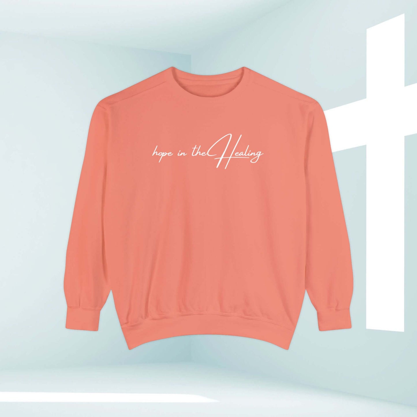 Hope In The Healing Christian sweatshirt in pink with inspirational message, perfect get well soon gift and hospital gift for cancer survivors.