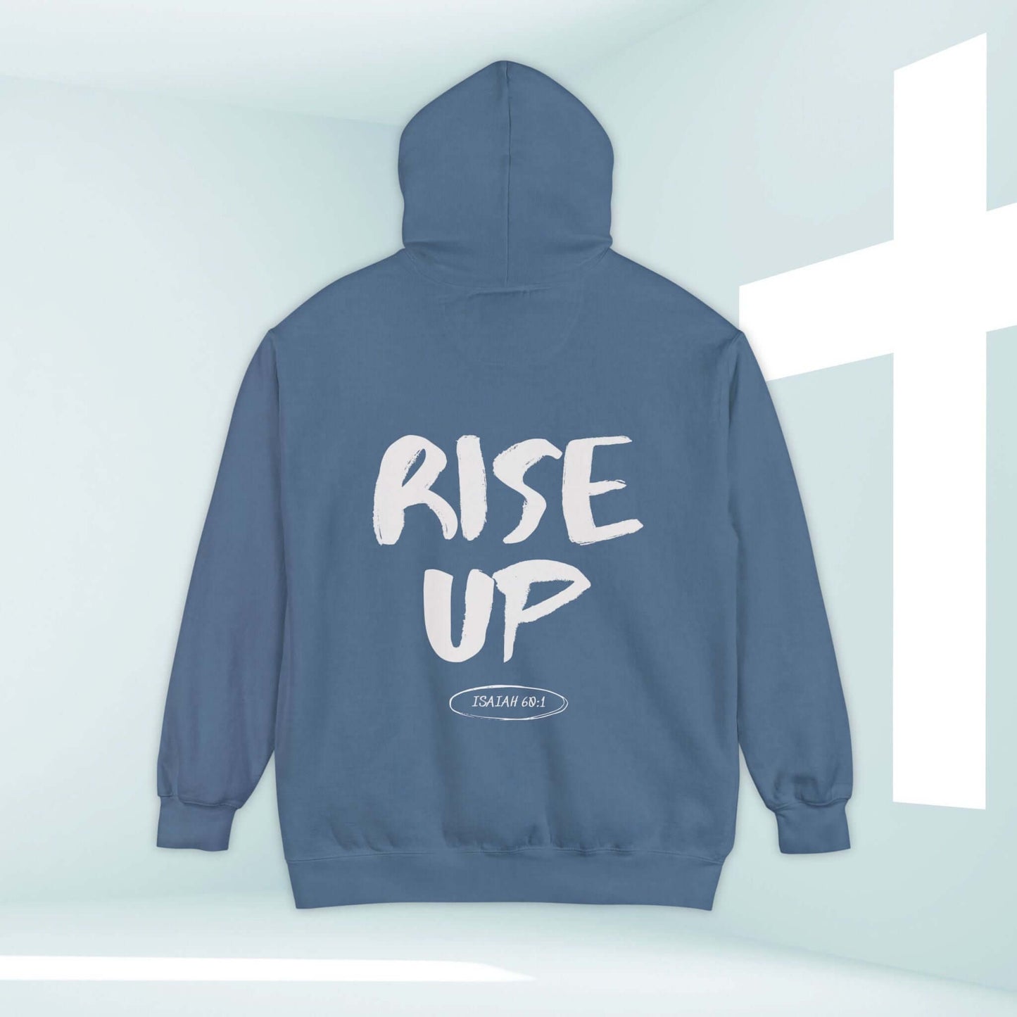 Rise Up Bible Verse Christian Hoodie in blue with scripture, faith-based apparel, inspirational religious hooded sweatshirt for church and everyday wear.