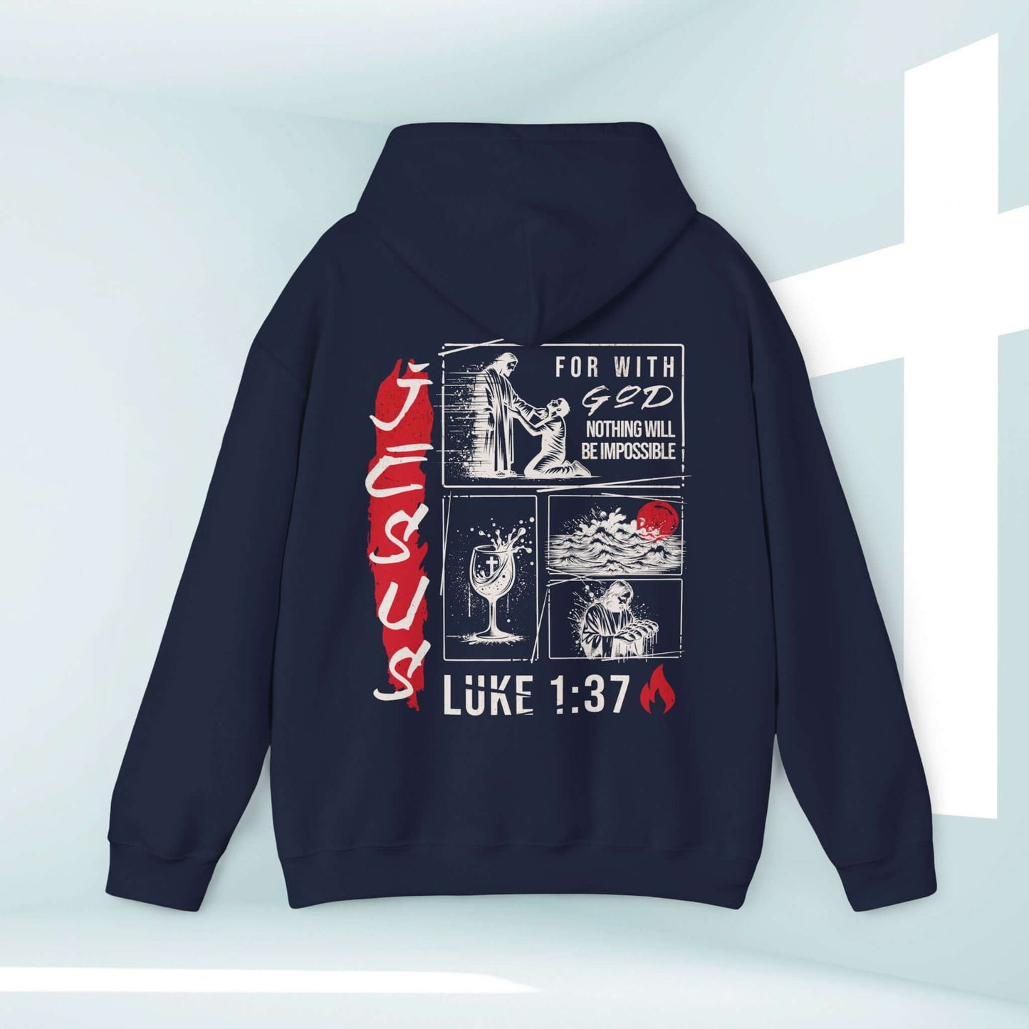 Mens Christian Jesus hoodie with "For with God nothing will be impossible" Bible verse design, perfect religious shirt for men of faith