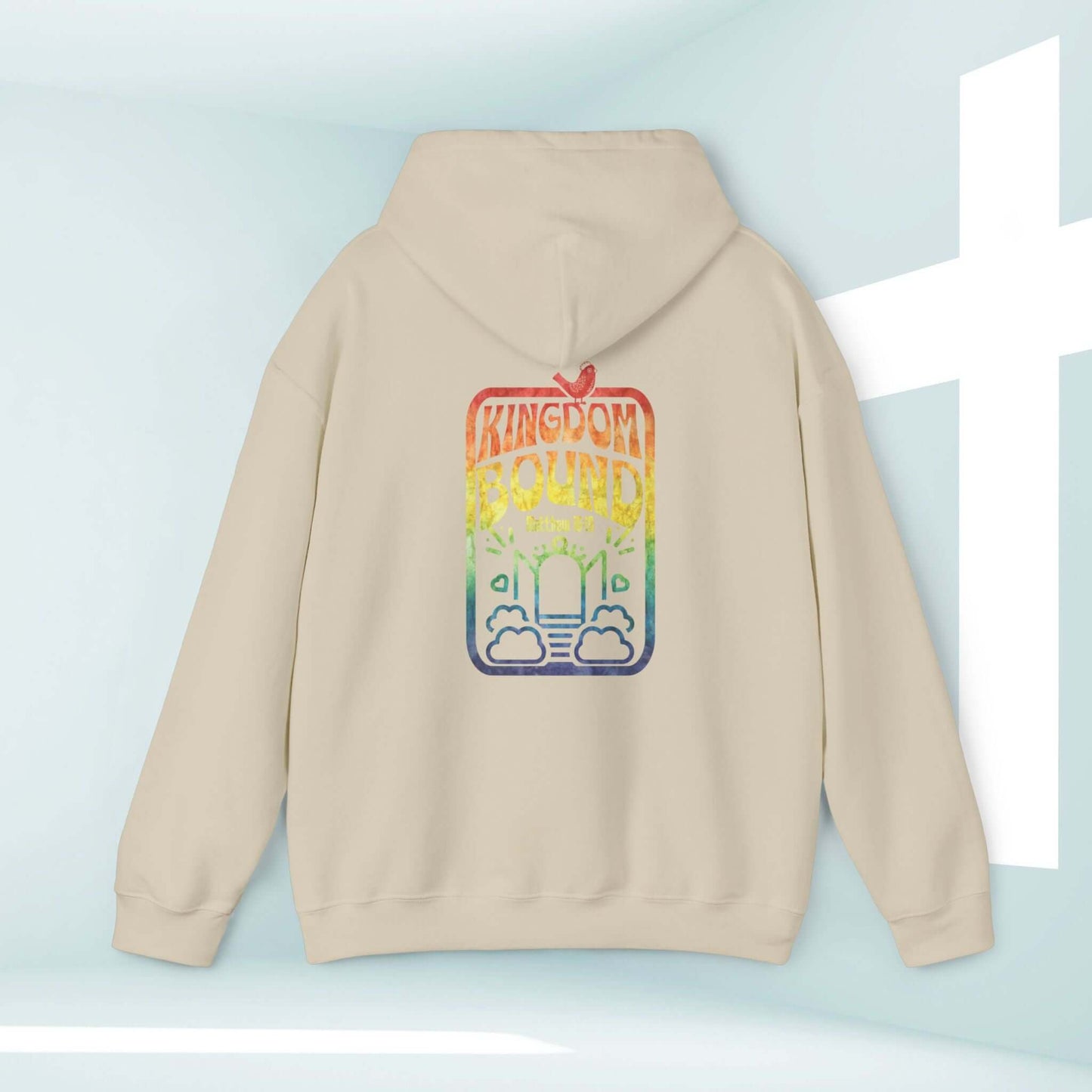 Kingdom Bound faith-based Christian hoodie with Bible verse design, boho style, ideal for Christian concerts and inspirational moments.