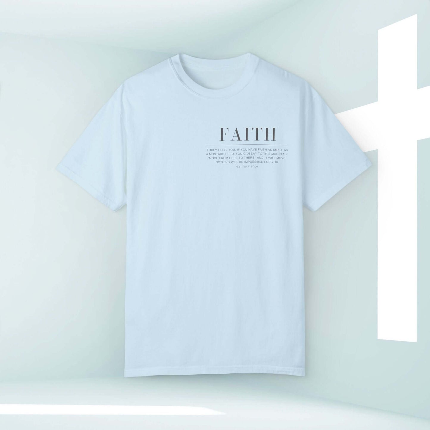 Faith Can Move Mountains Christian t-shirt with Bible verse design, inspirational faith tee in white, Christian apparel for church or worship.