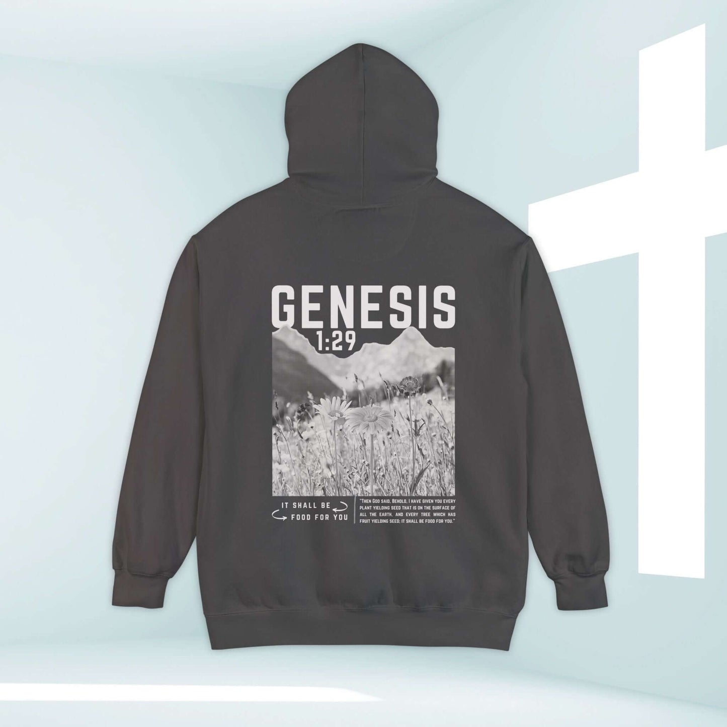 Black Christian hoodie with Genesis 1:29 verse and mountain scenery, perfect faith-based gift for outdoor and nature lovers.