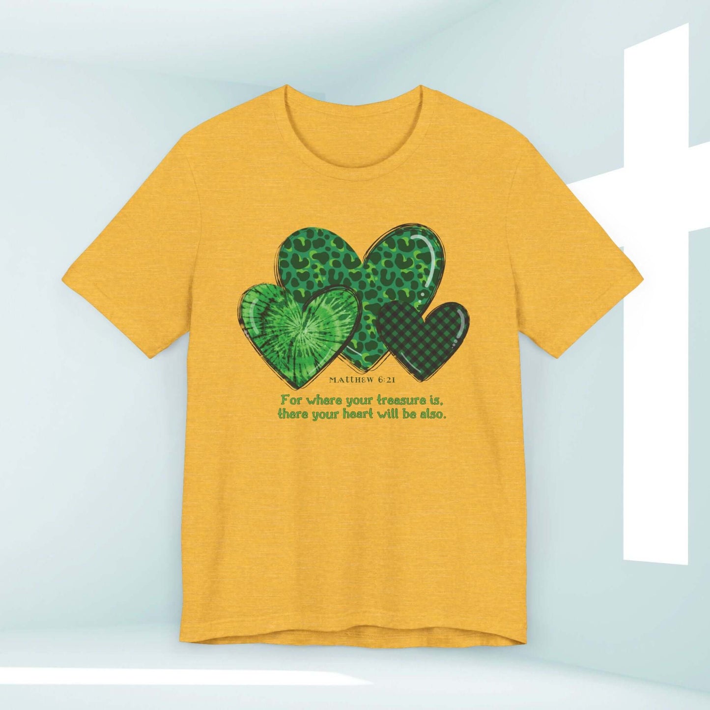 Yellow Christian St Patrick's Day Shirt with Green Shamrock Hearts and Inspirational Bible Verse Print