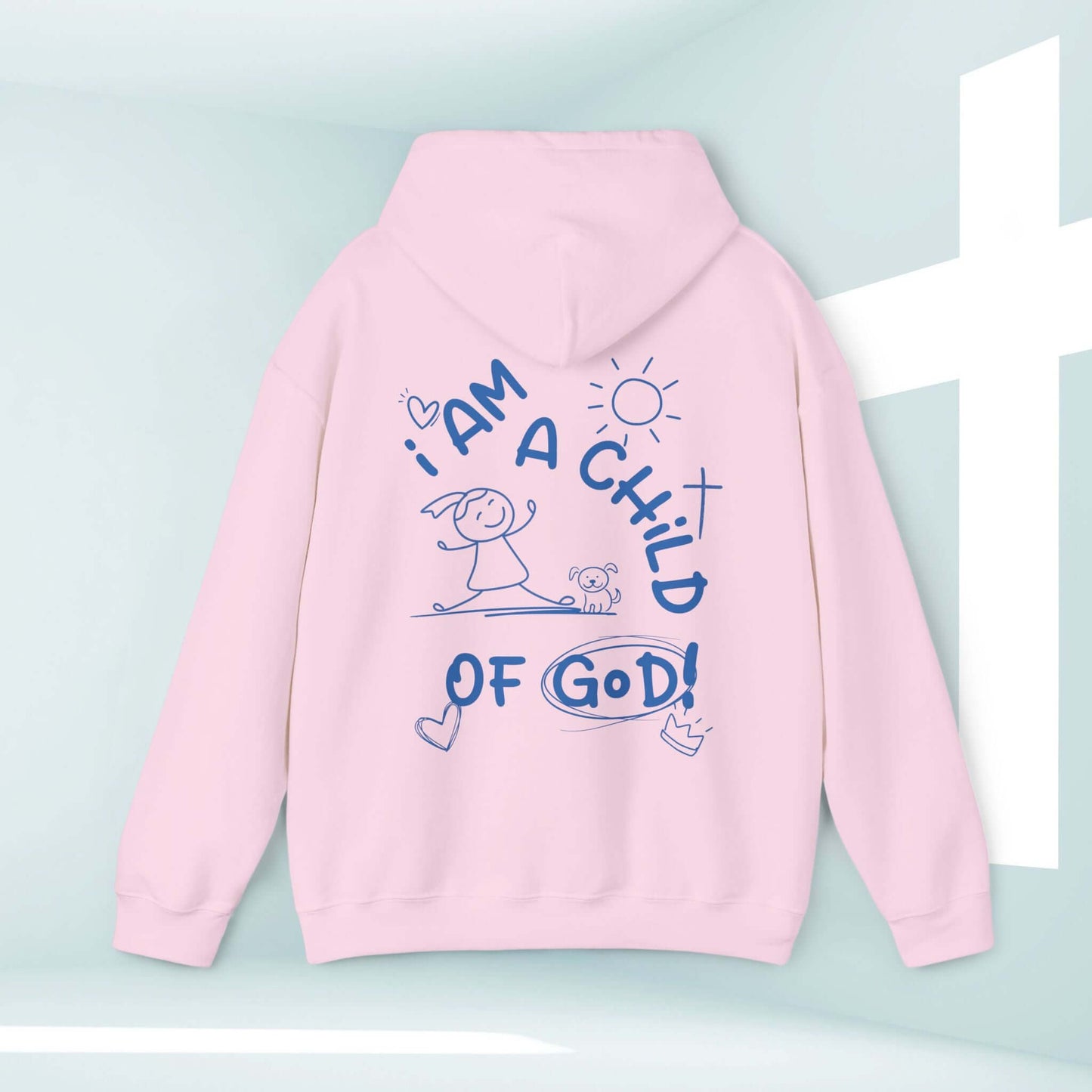 Pink "I Am A Child Of God" Christian hoodie with dog illustration and faith-inspired design, perfect for religious dog lovers and Christian apparel fans.