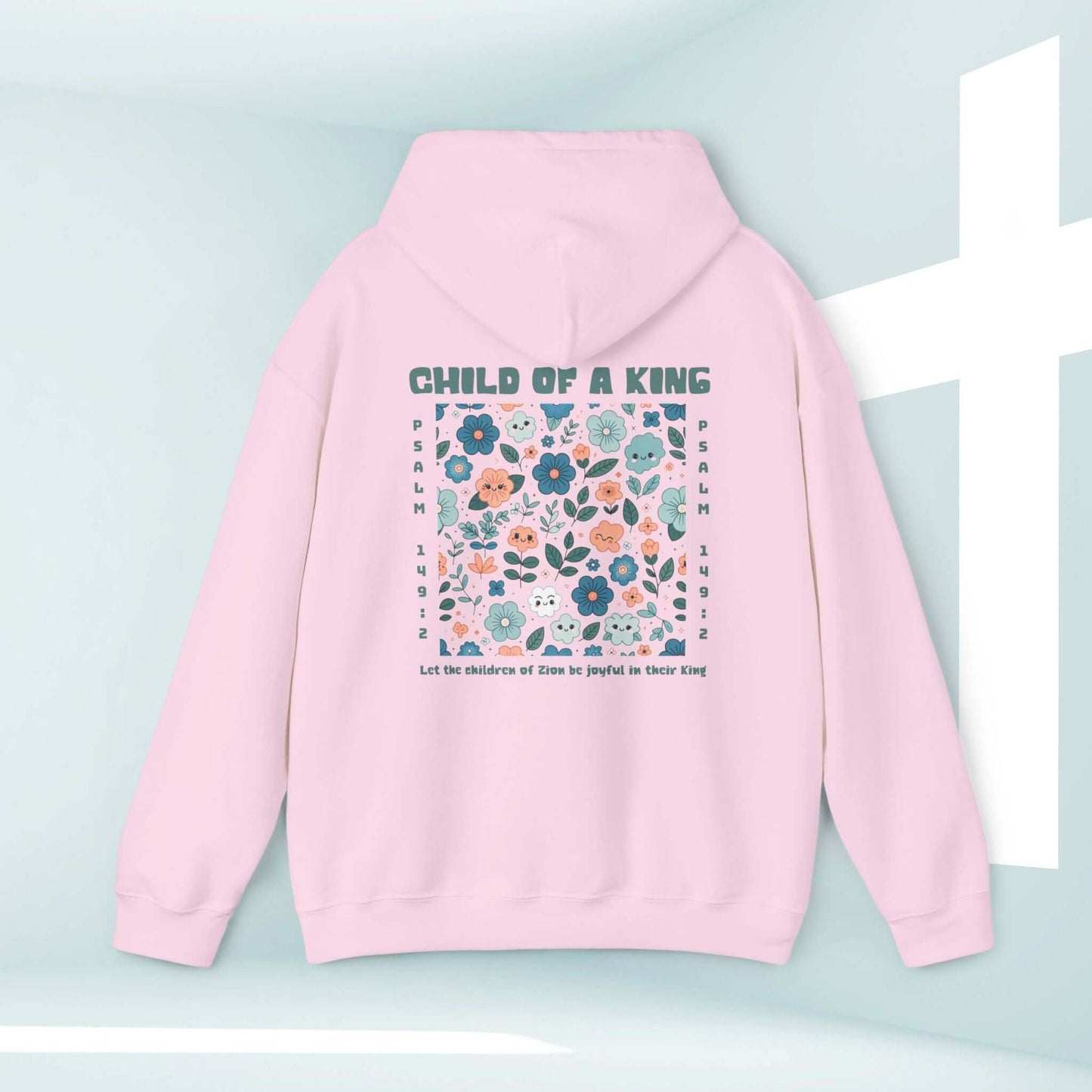 Child Of A King Christian hoodie with Bible verse, pink religious beach sweater featuring floral design, faith-based inspirational apparel