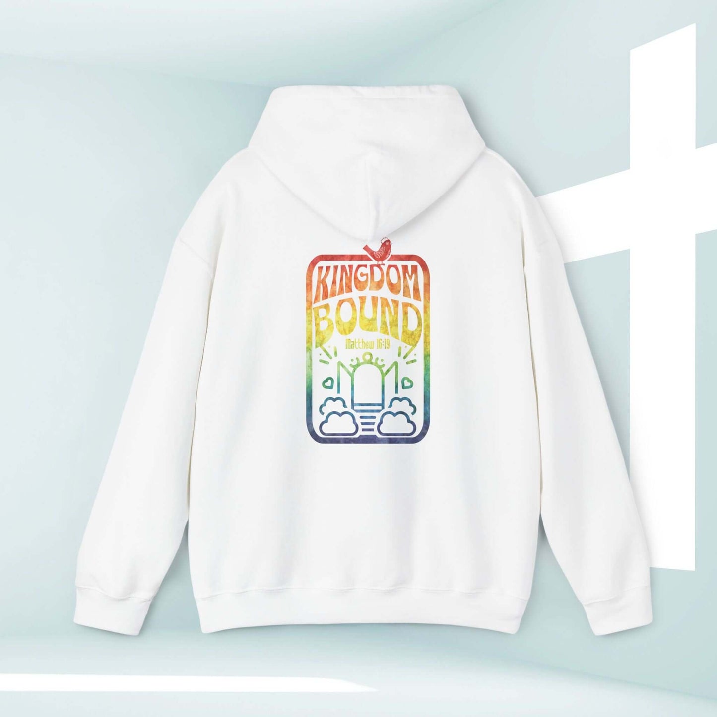 White Kingdom Bound faith-based Christian hoodie with Bible verse graphic, inspirational and boho style, perfect for Christian concerts and apparel.