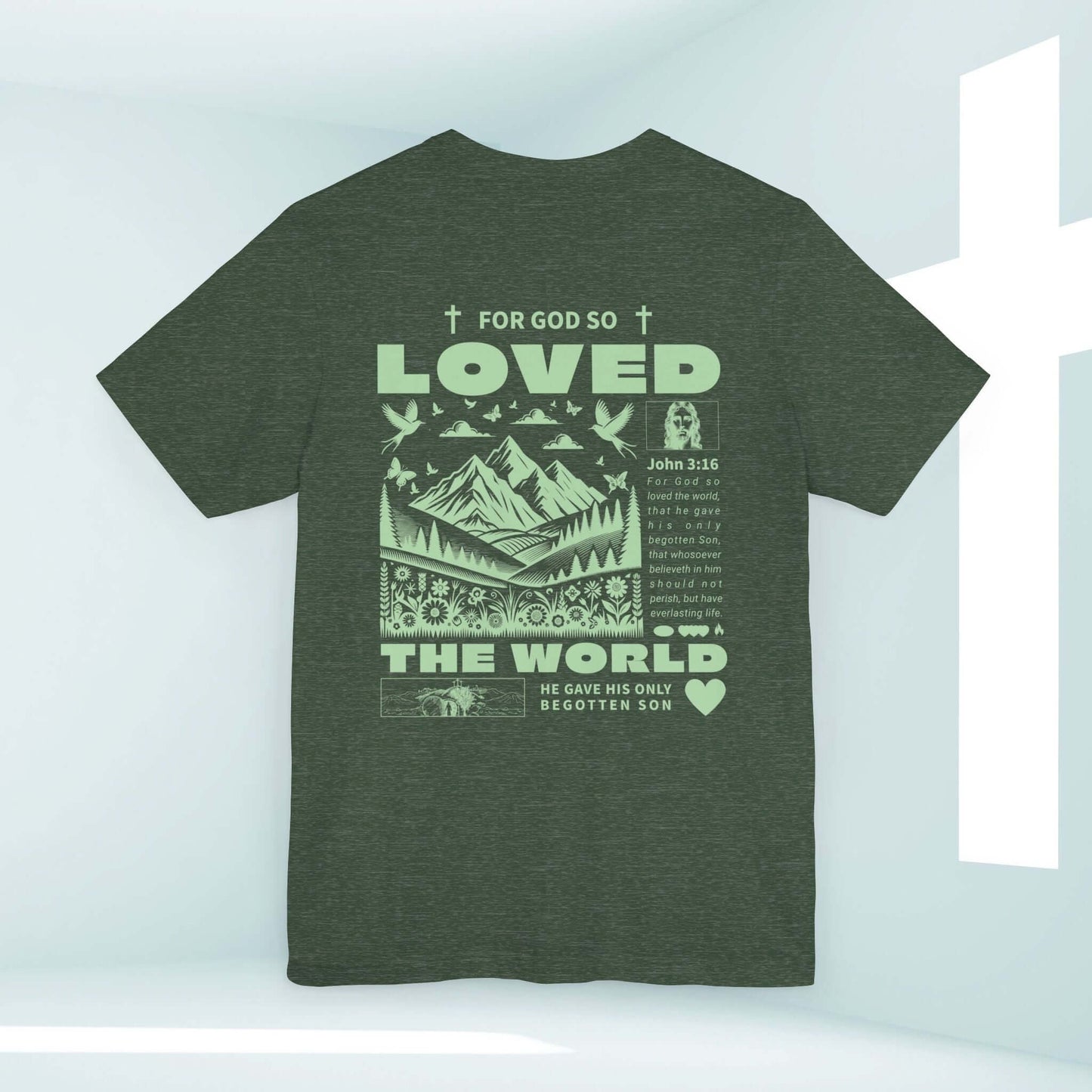 John 3:16 Christian tee shirt with "For God So Loved" Bible verse design, perfect for expressing faith and spreading Jesus' message.