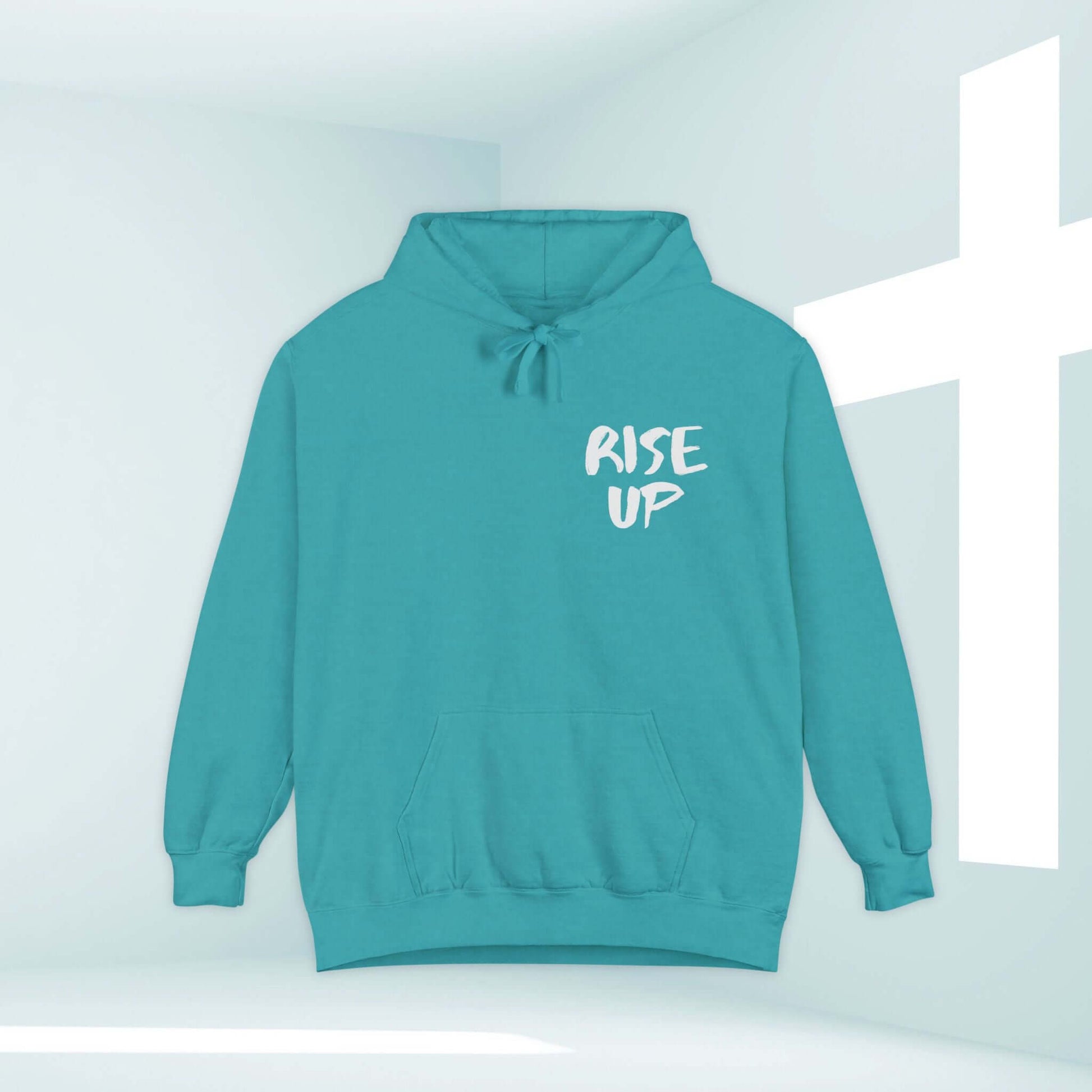 Rise Up Bible Verse Hooded Sweatshirt, Christian Hoodie for Church Clothing, Religious and Inspirational Jesus Sweatshirt in teal with a white cross