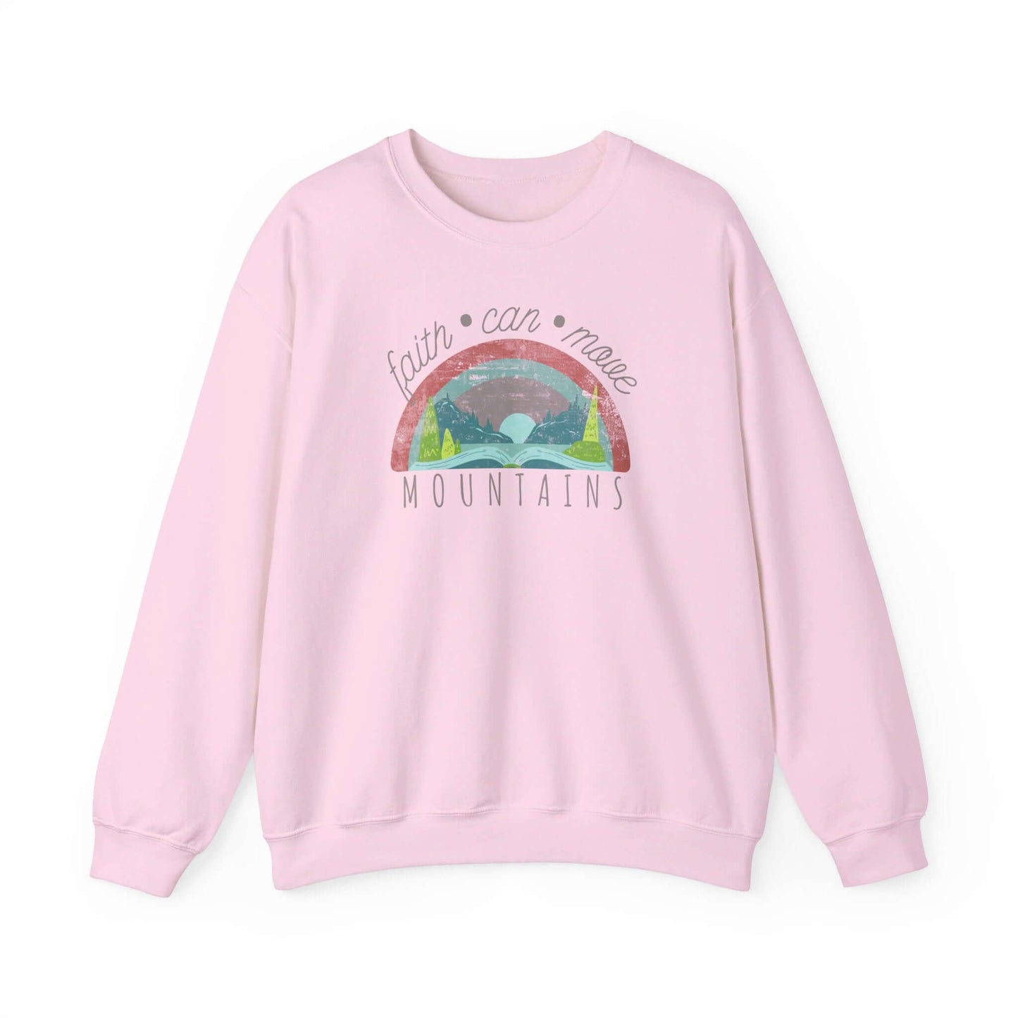 Pink Christian crewneck sweatshirt with "Faith Can Move Mountains" Bible verse, perfect faith apparel for spreading hope in Jesus.