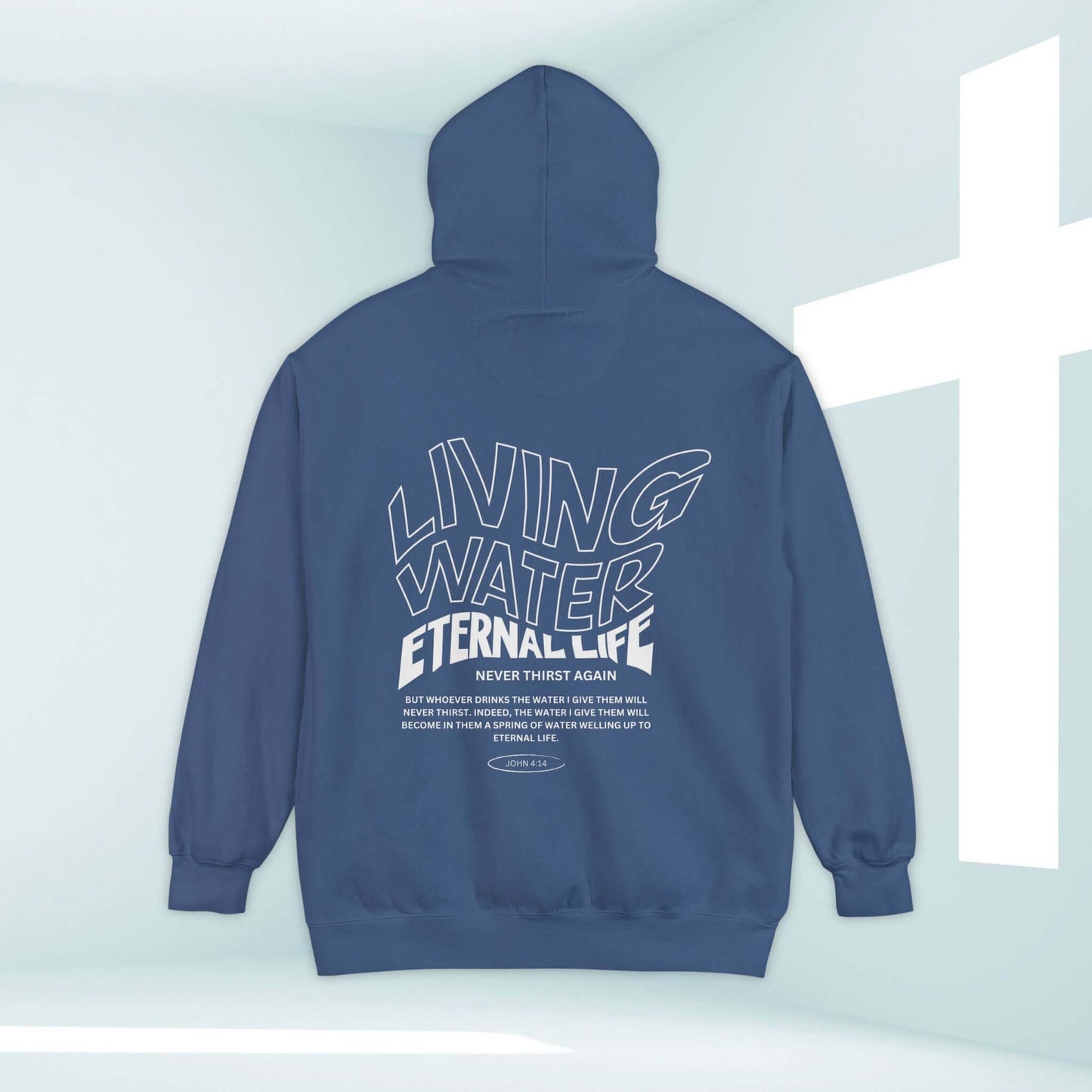 Living Water Eternal Life Christian Hoodie with Bible Verse in Blue Color for Inspiration and Faith