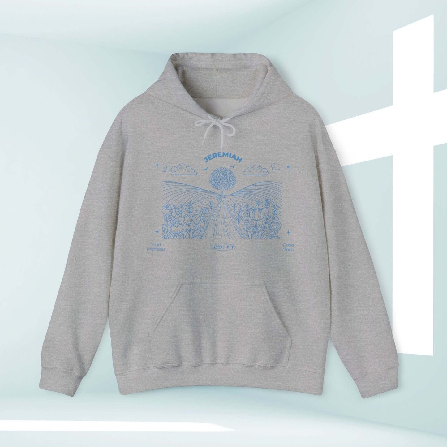 Gray For I Know The Plans Christian Hoodie with Bible Verse Design and Cross Background