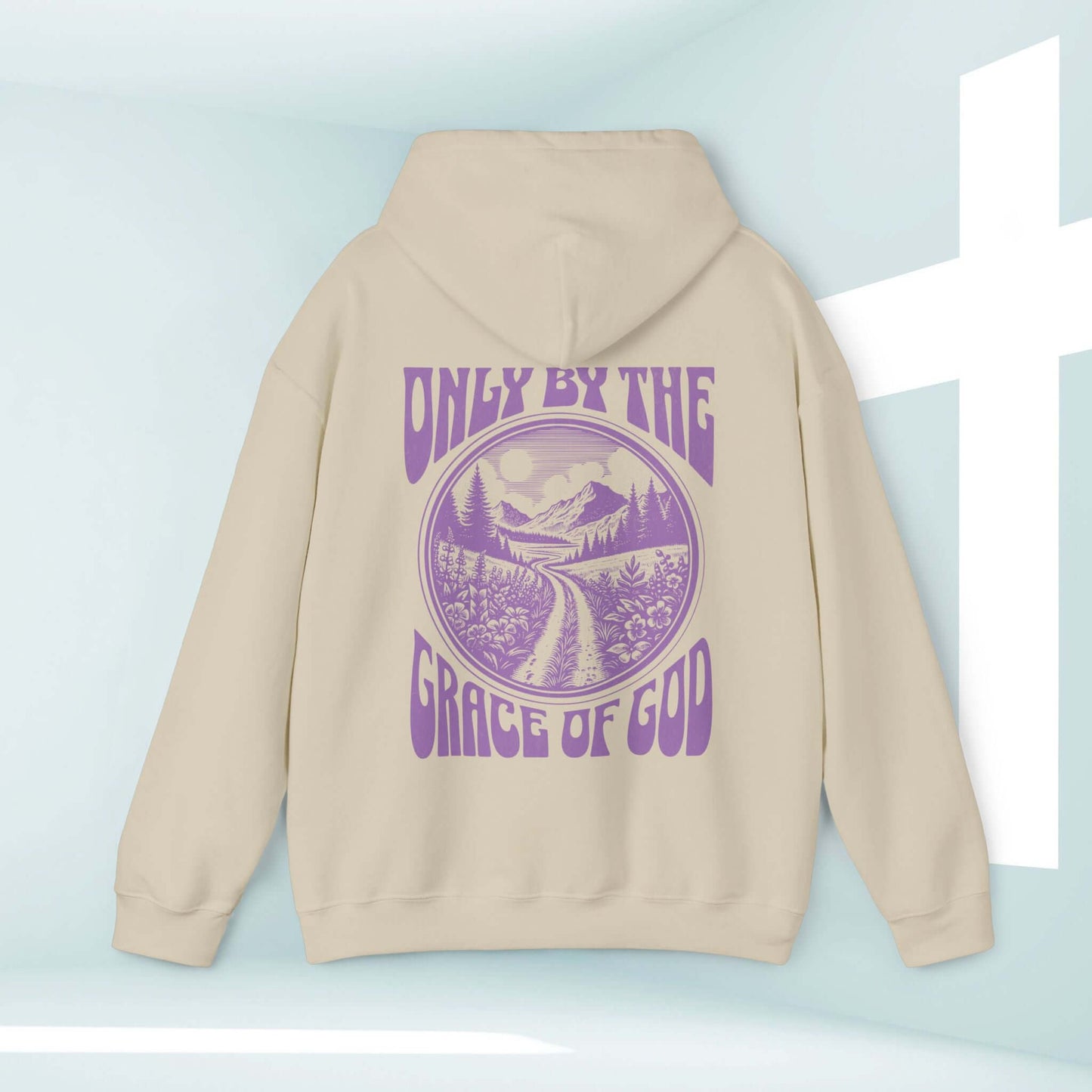 Christian hoodie with "Only By The Grace Of God" Bible verse design, beige hooded sweatshirt, faith-based apparel, inspirational religious graphic.