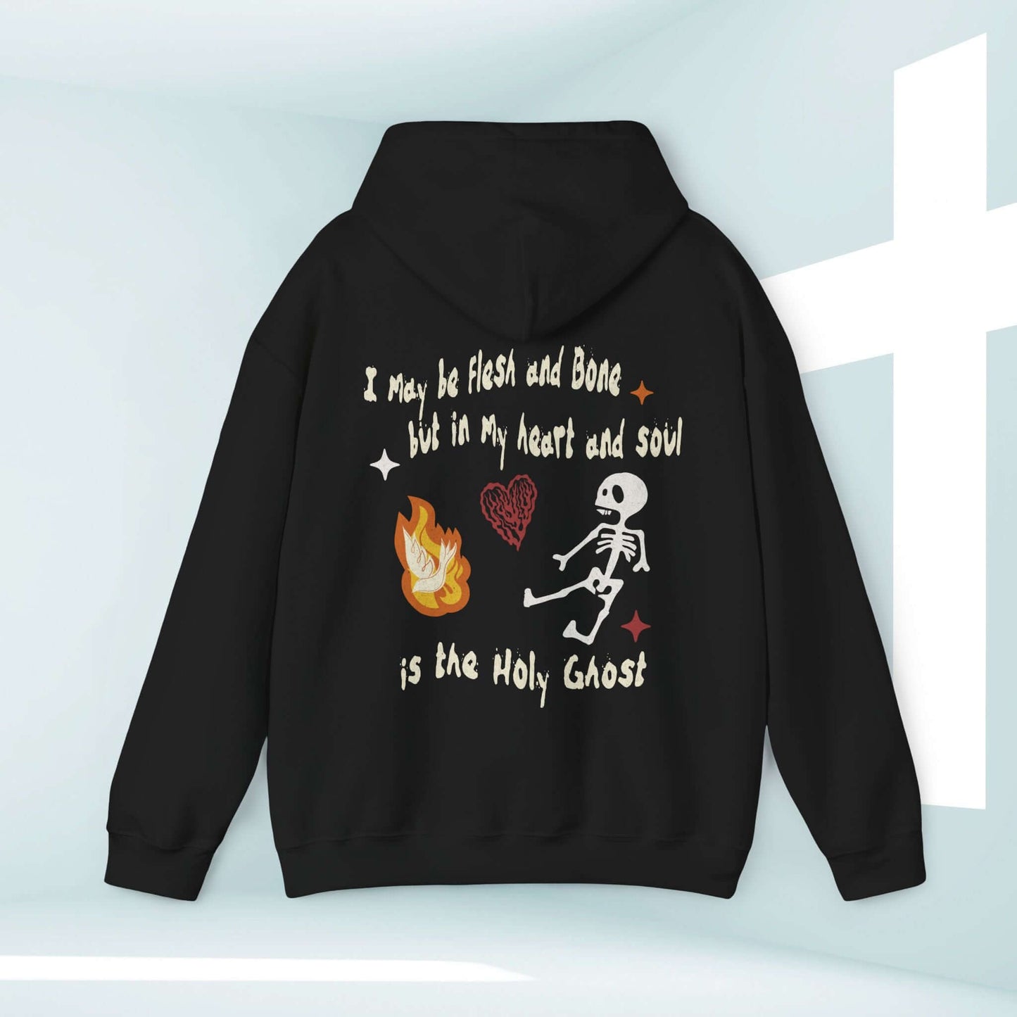 Christian Halloween hoodie with skeleton and holy ghost design, scripture-themed Halloween sweatshirt, faith-inspired gift idea