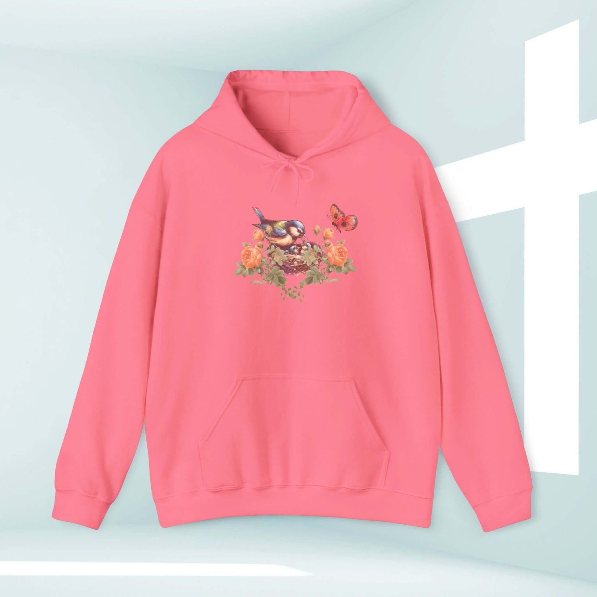 Pink Bird Butterfly Christian Hoodie with Floral Design, Perfect Mother's Day Gift and Christian Apparel featuring Jesus Good Things Psalm